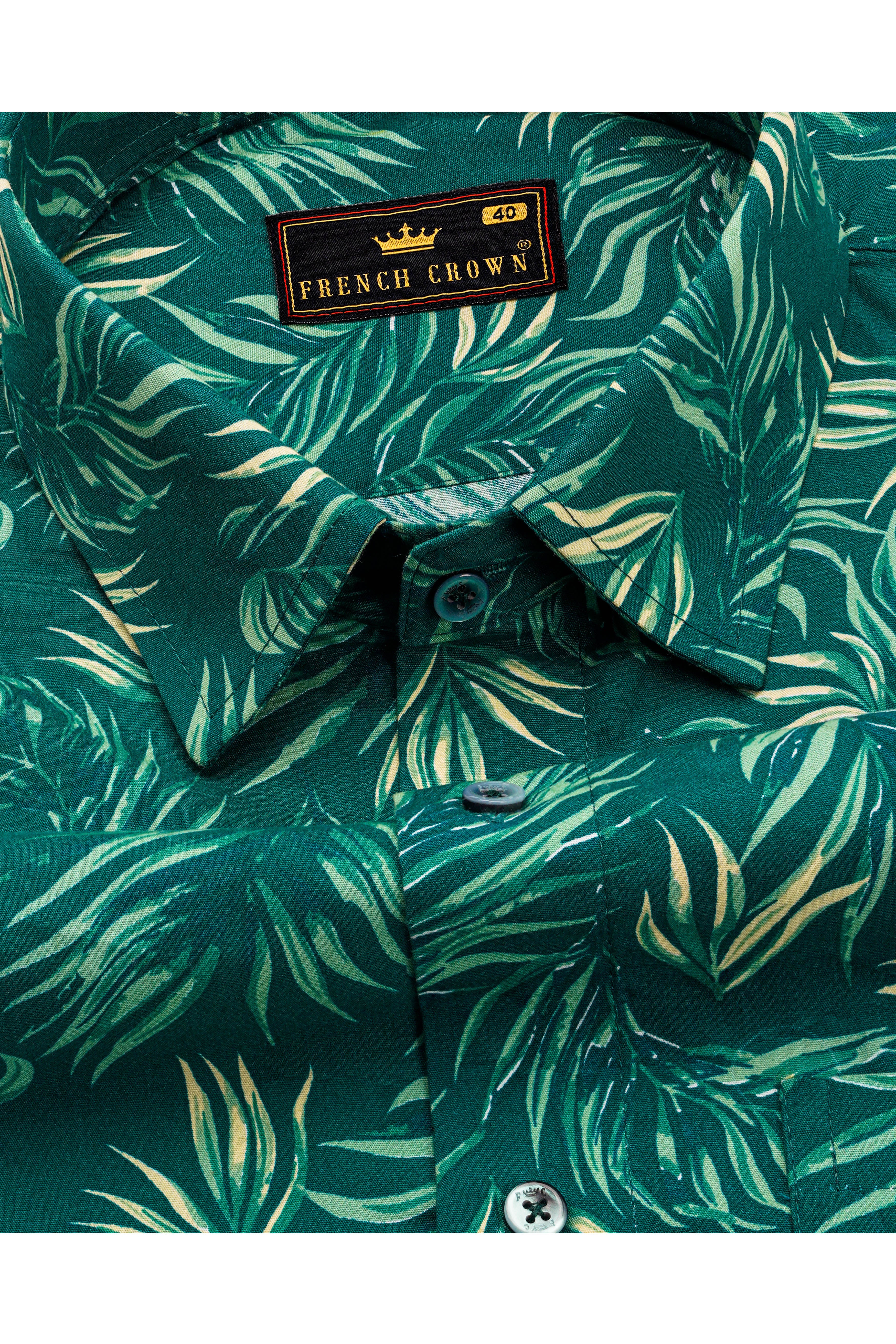 Cyprus Green with Multicolored Leaves Printed Premium Cotton Shirt