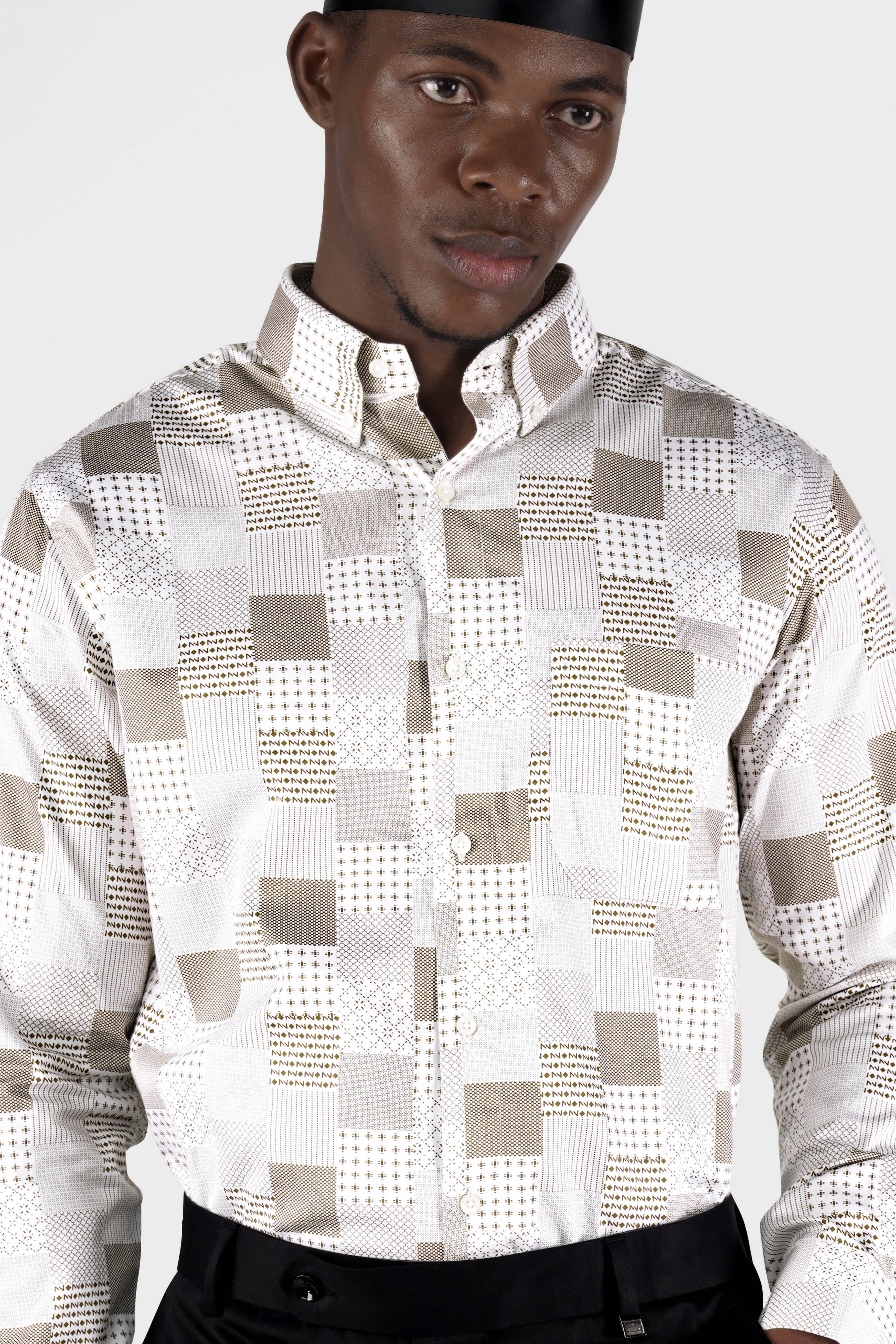 Bright White with Bronzetone Brown Square Printed Super Soft Premium Cotton Shirt