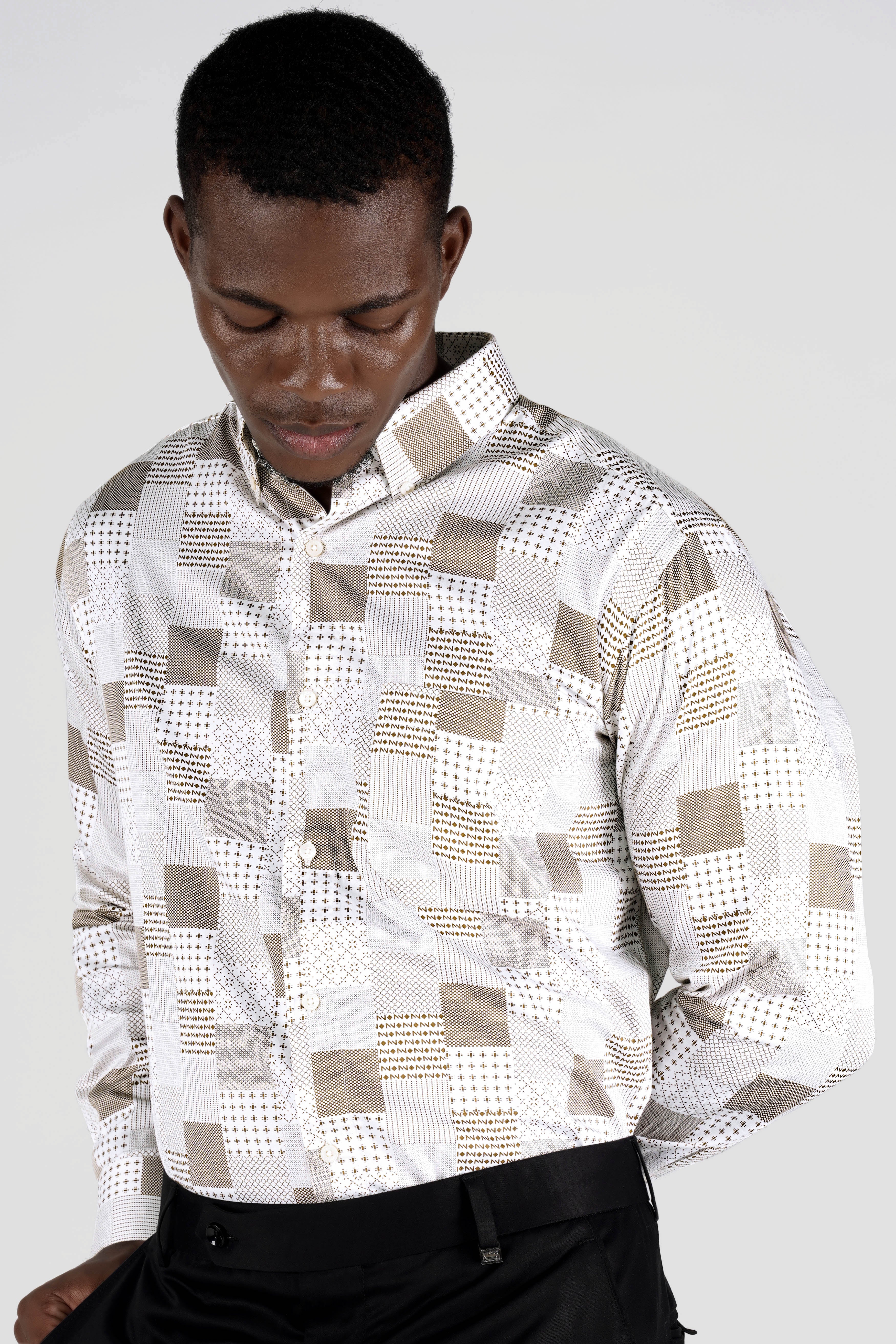 Bright White with Bronzetone Brown Square Printed Super Soft Premium Cotton Shirt