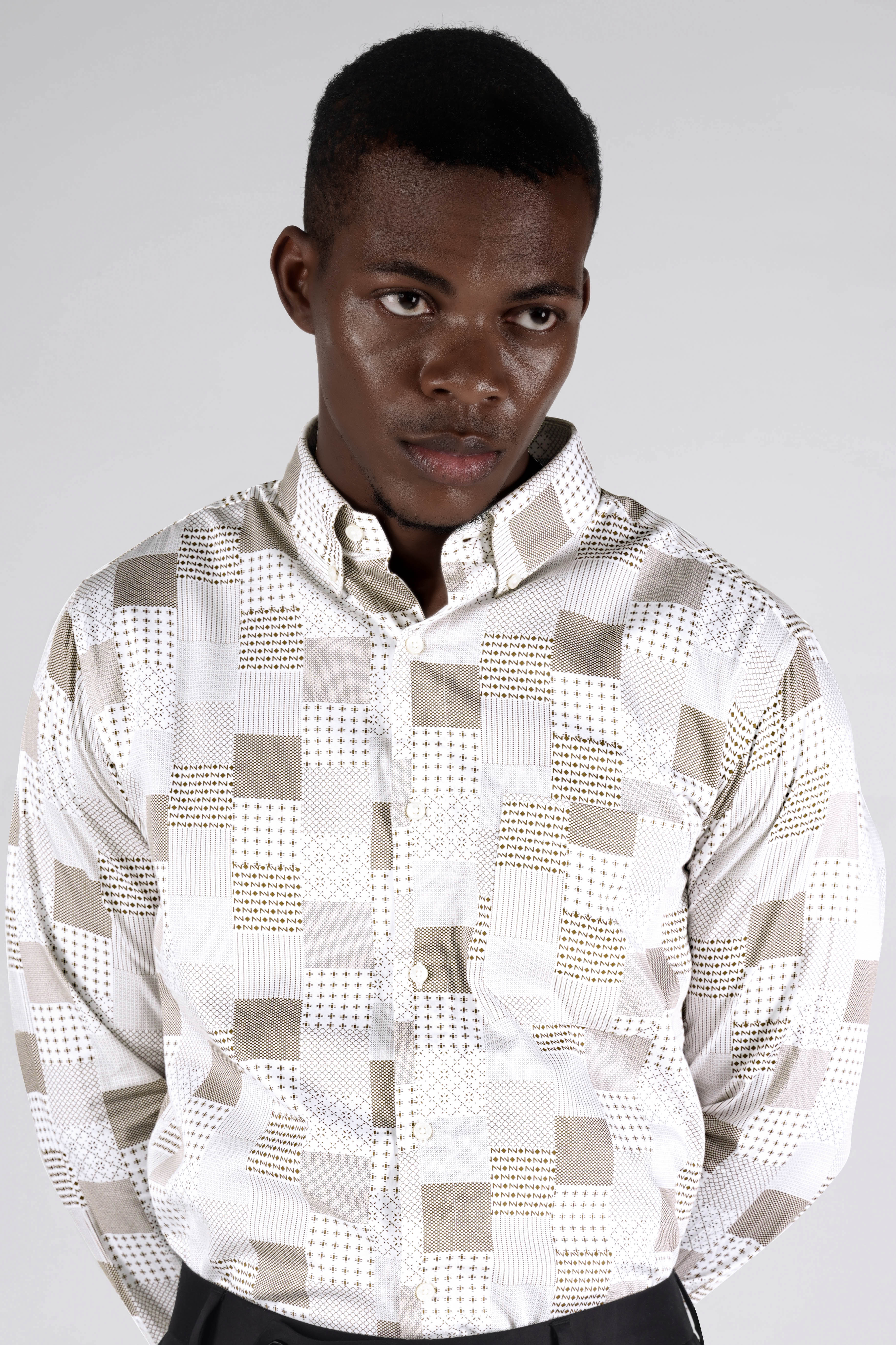 Bright White with Bronzetone Brown Square Printed Super Soft Premium Cotton Shirt