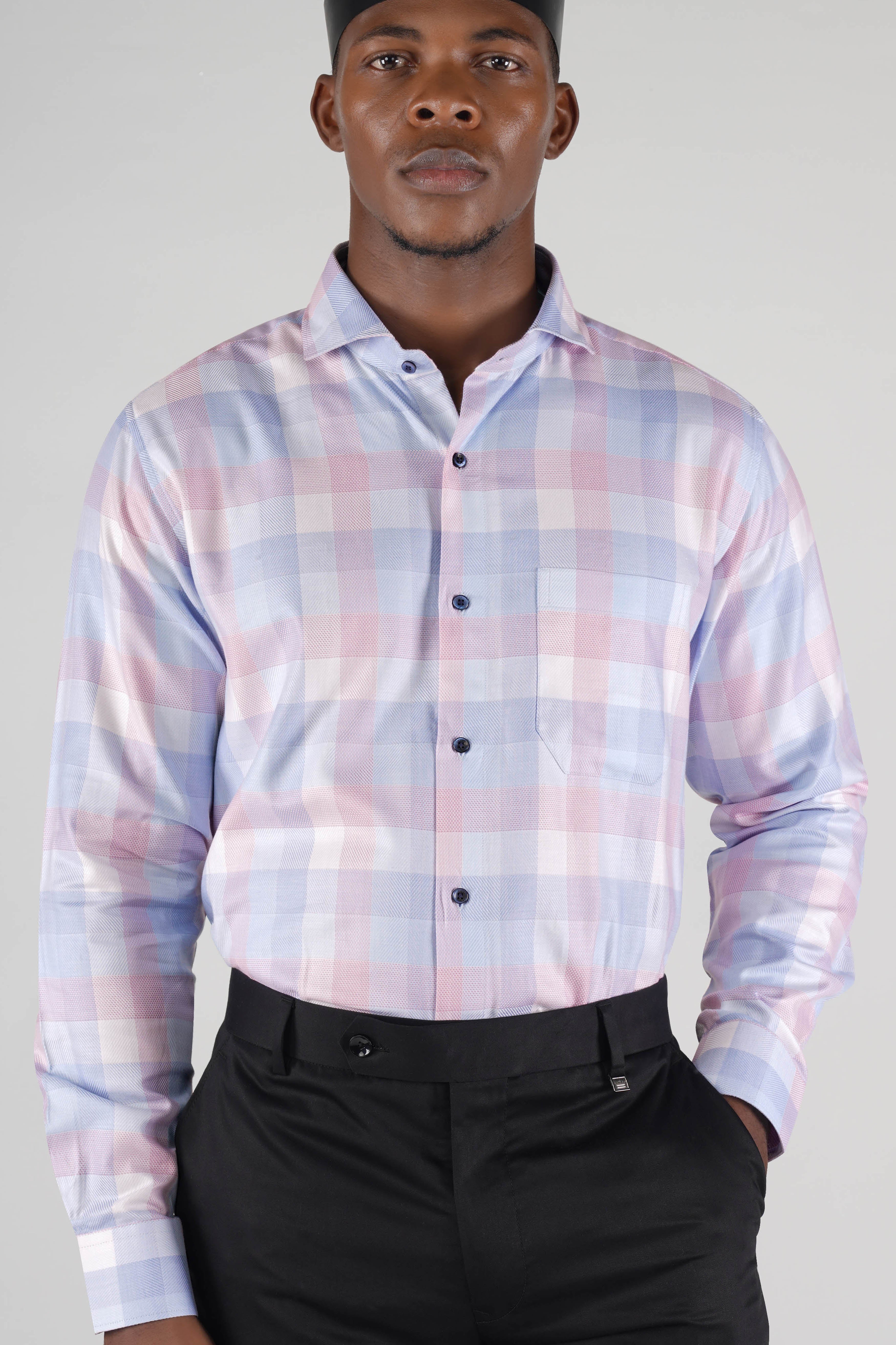 Casper Violet with Blossom Pink Multicolor Checkered Dobby Textured Premium Giza Cotton Shirt