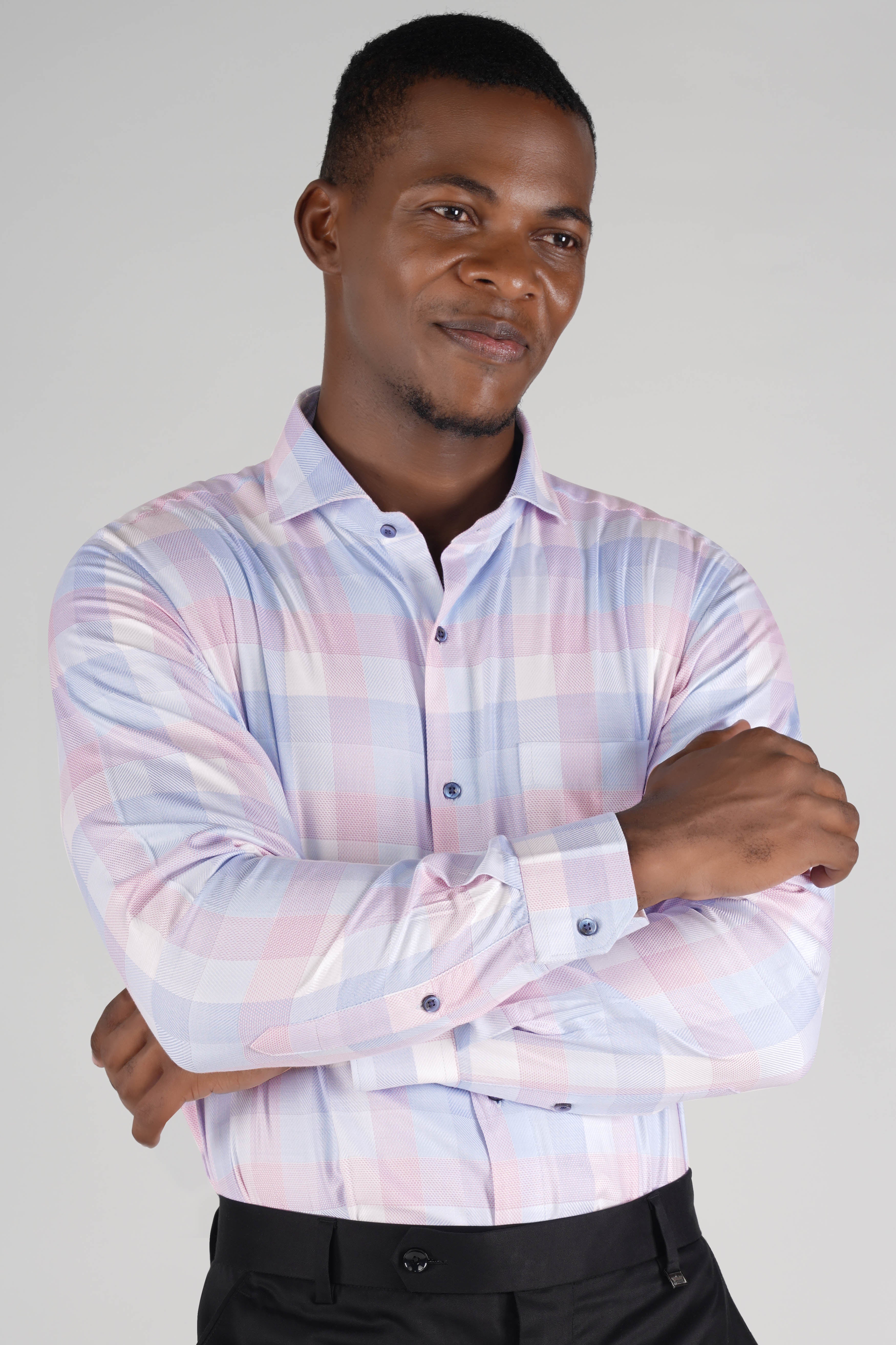 Casper Violet with Blossom Pink Multicolor Checkered Dobby Textured Premium Giza Cotton Shirt