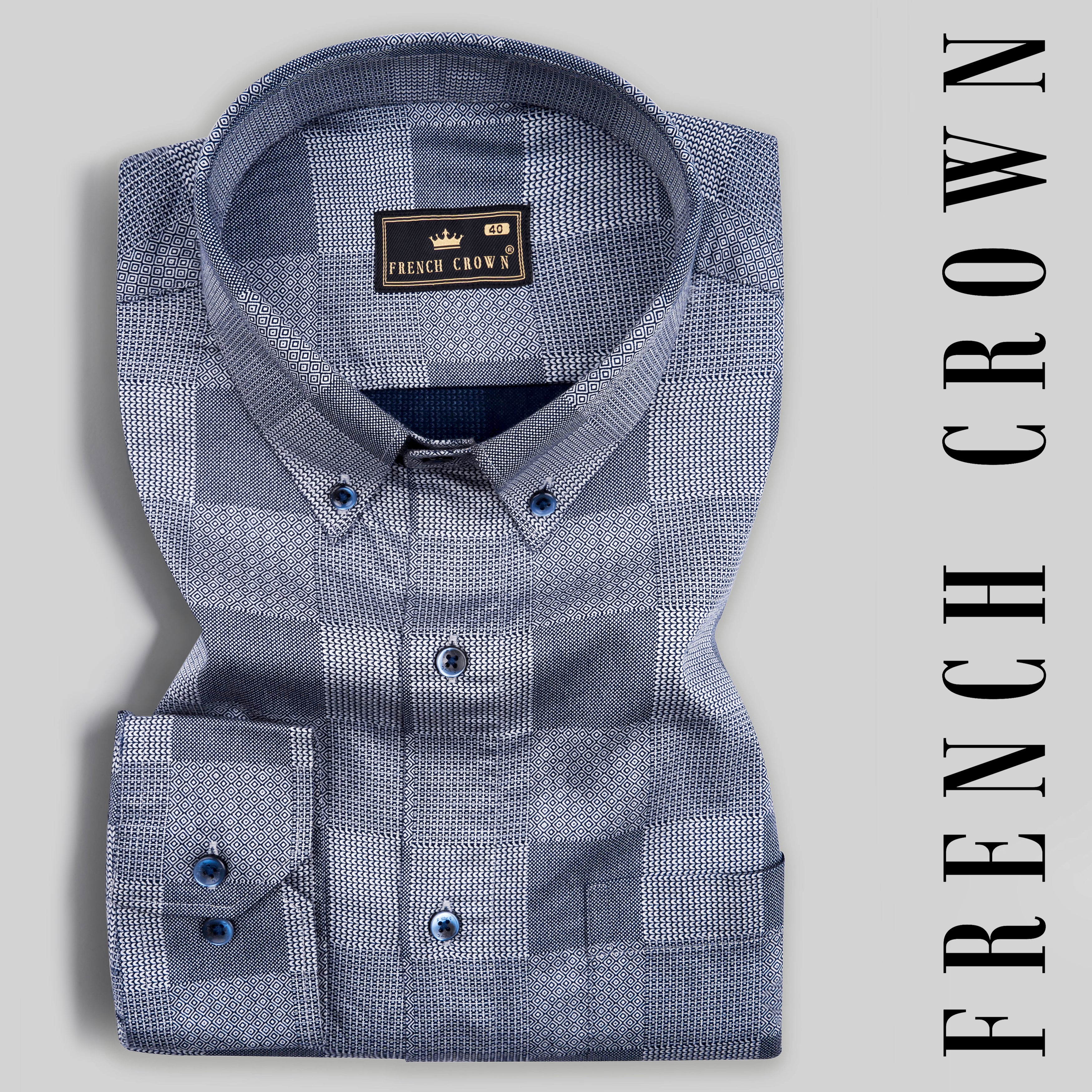Haiti Navy Blue with White Square Printed Super Soft Premium Cotton Shirt