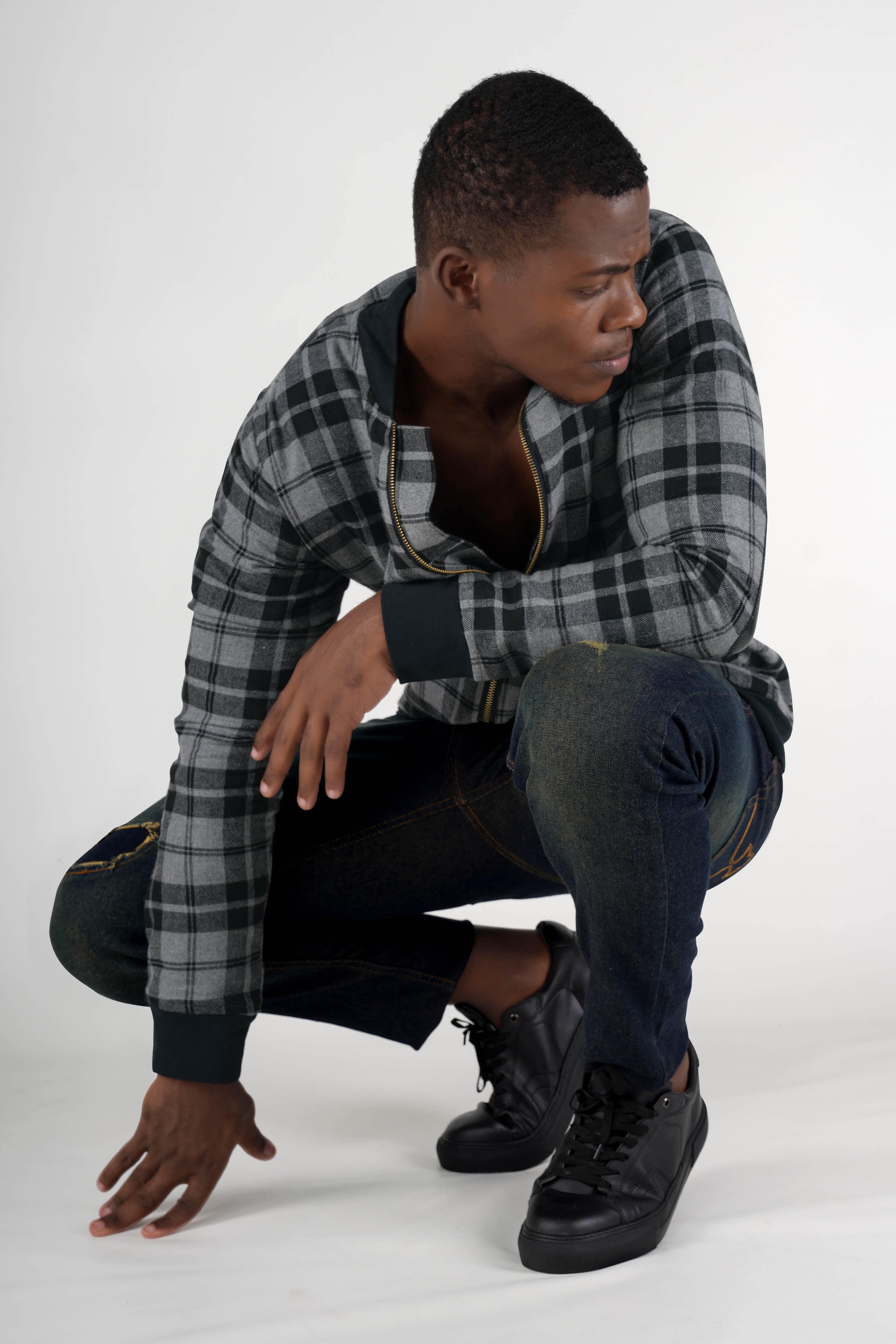 Vensu Gray with Tealish Black Checkered Flannel Bomber Jacket