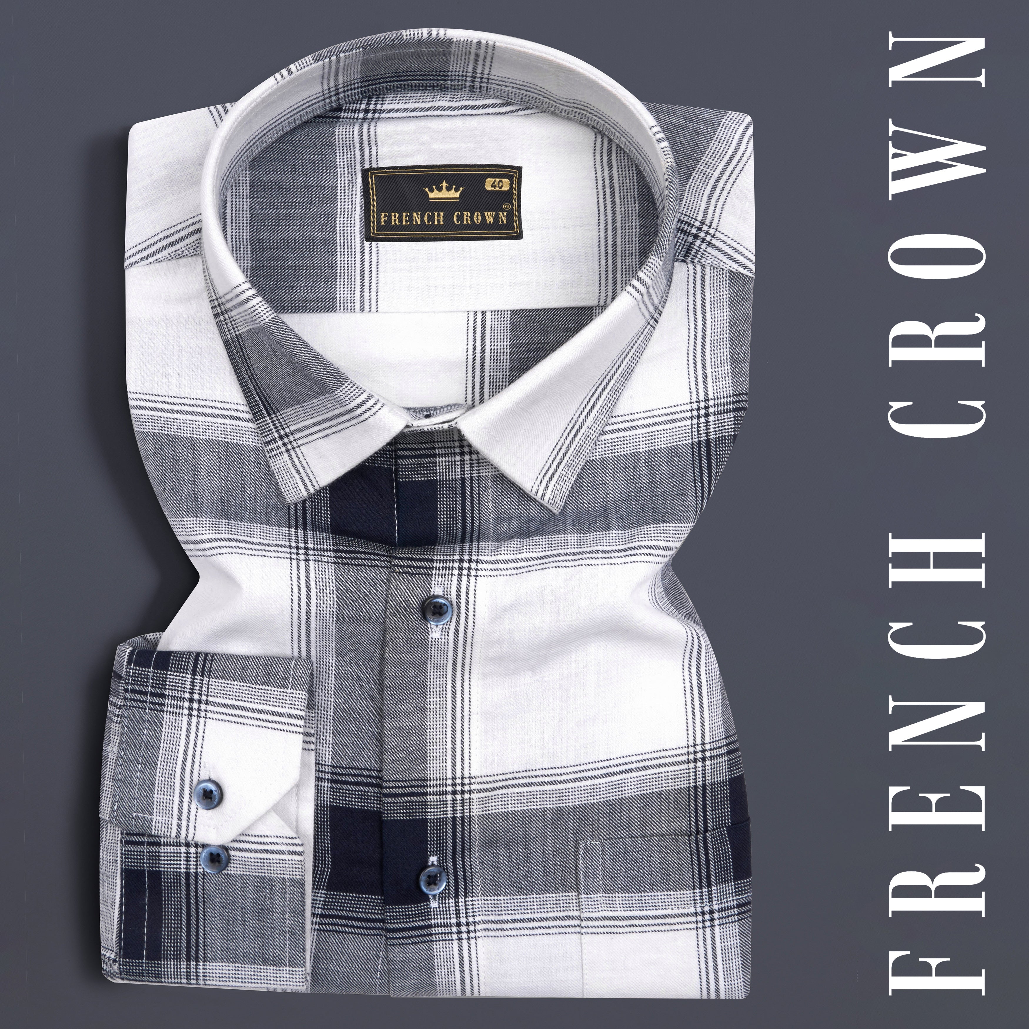 Bright White with Onyx Navy Blue Plaid Twill Premium Cotton Shirt