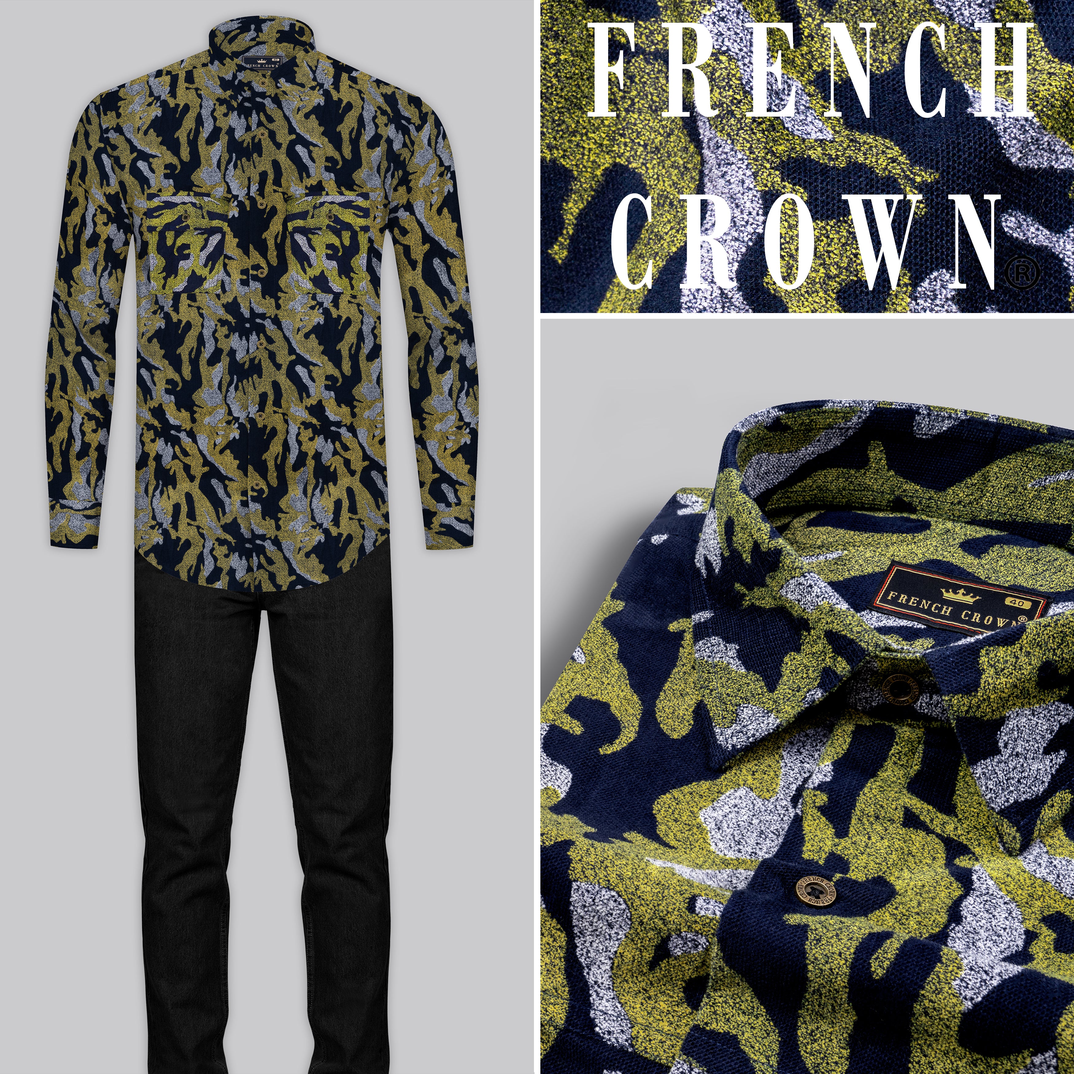 Chelsea Green with Mirage Navy Blue Camouflage Textured Corduroy Shirt
