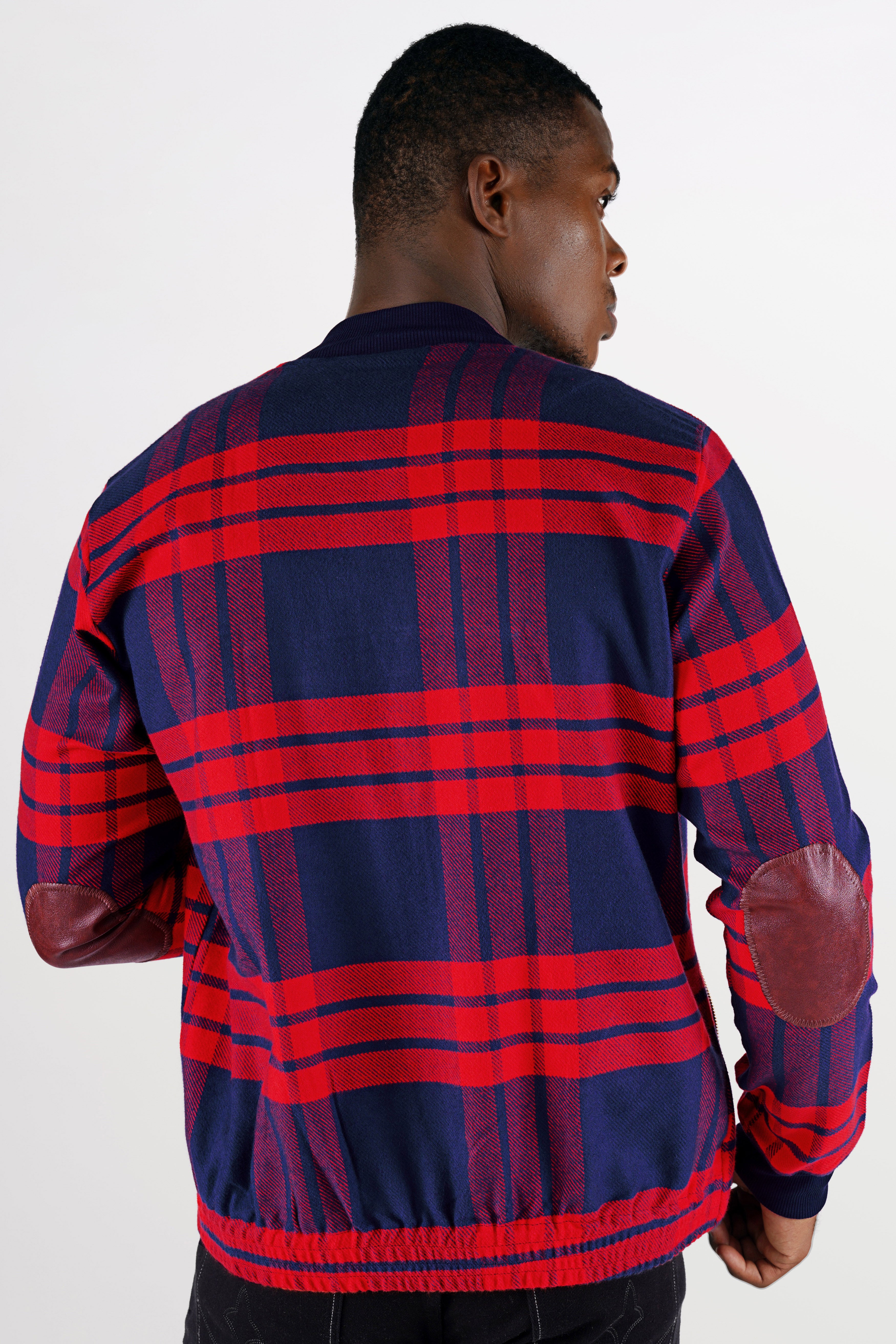 Tuna Blue and Crimson Red Checkered Flannel Bomber Jacket