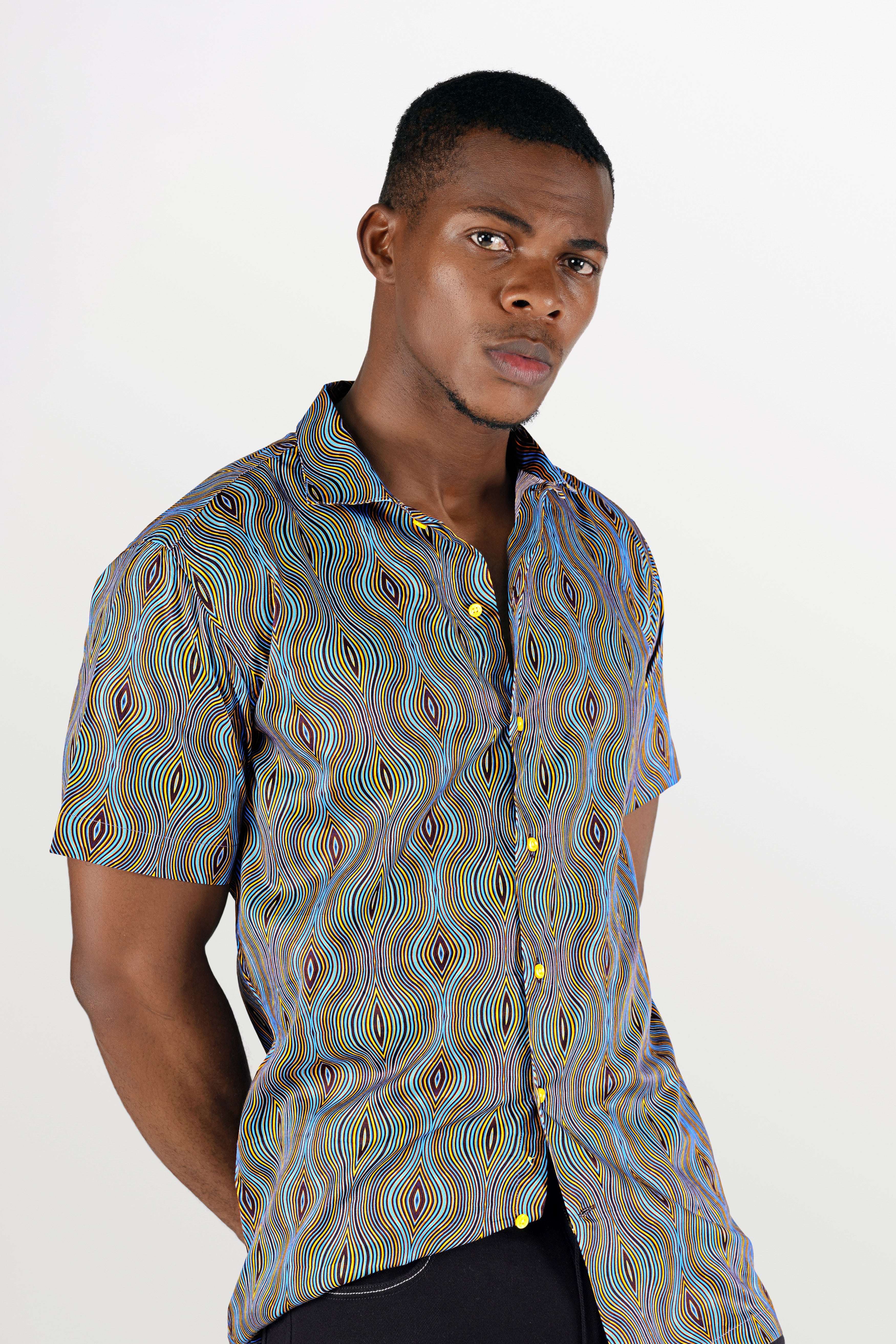 Turquoise Blue with Gorse Yellow and Cab Sav Maroon Waves Printed Super Soft Premium Cotton Shirt