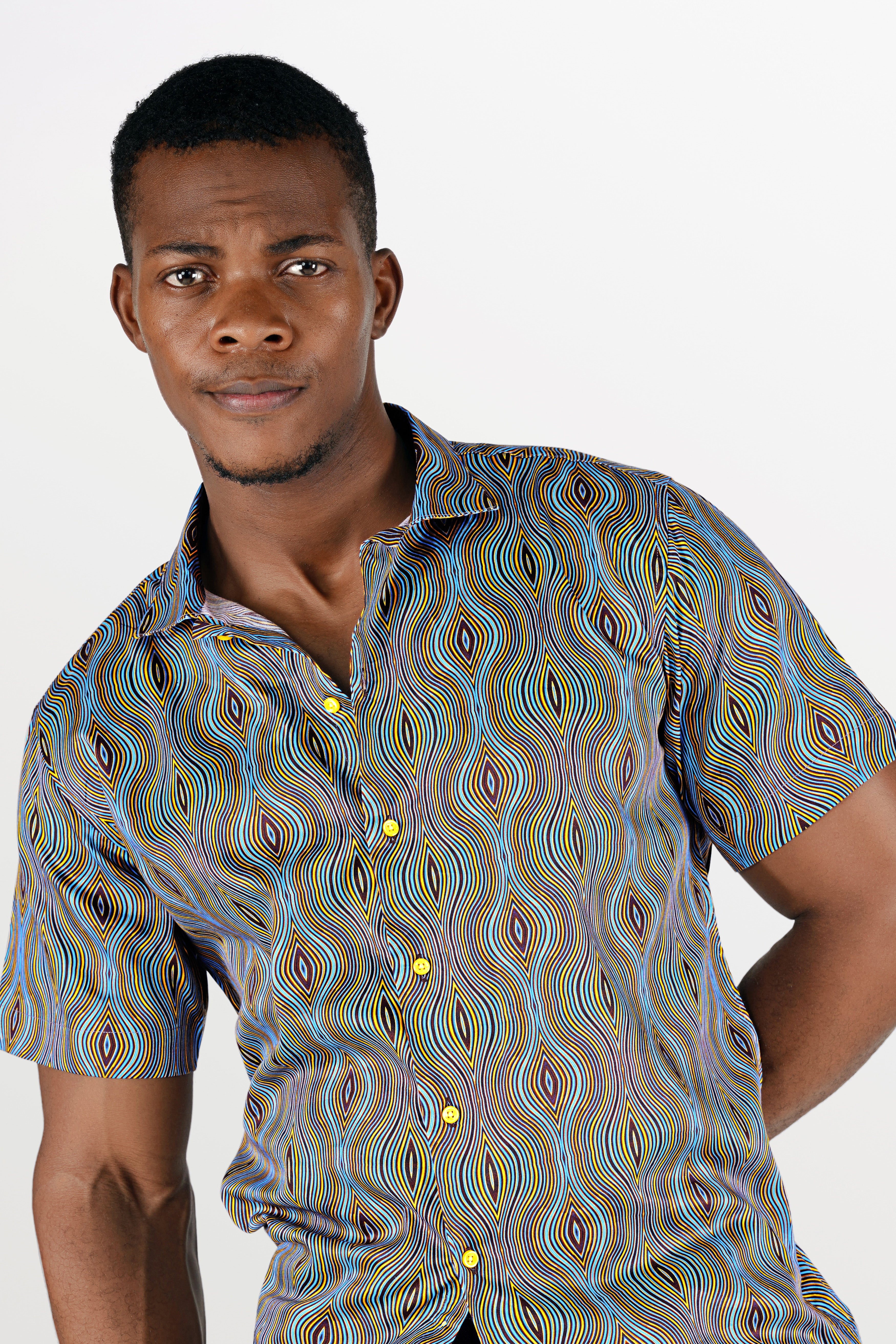 Turquoise Blue with Gorse Yellow and Cab Sav Maroon Waves Printed Super Soft Premium Cotton Shirt