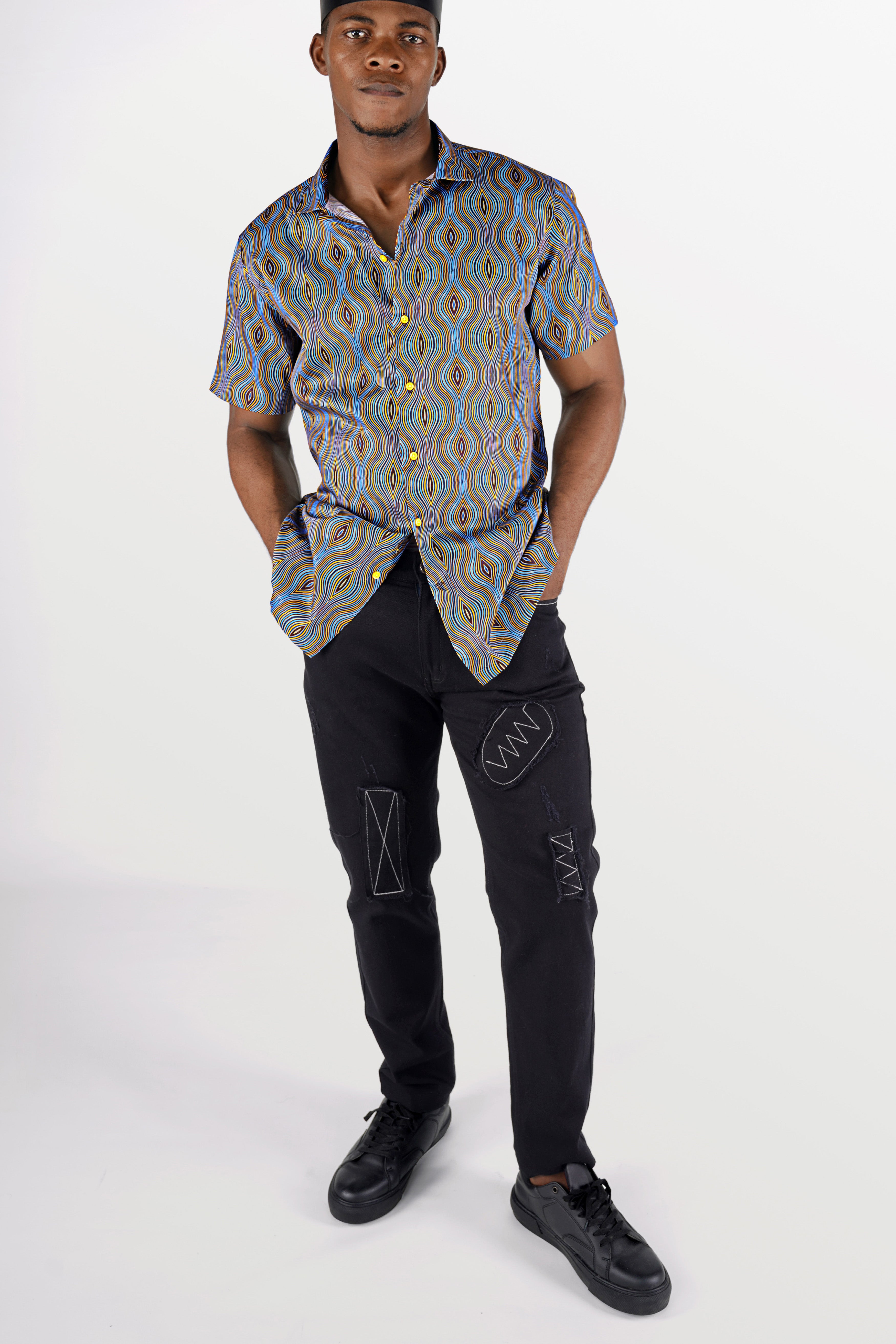 Turquoise Blue with Gorse Yellow and Cab Sav Maroon Waves Printed Super Soft Premium Cotton Shirt