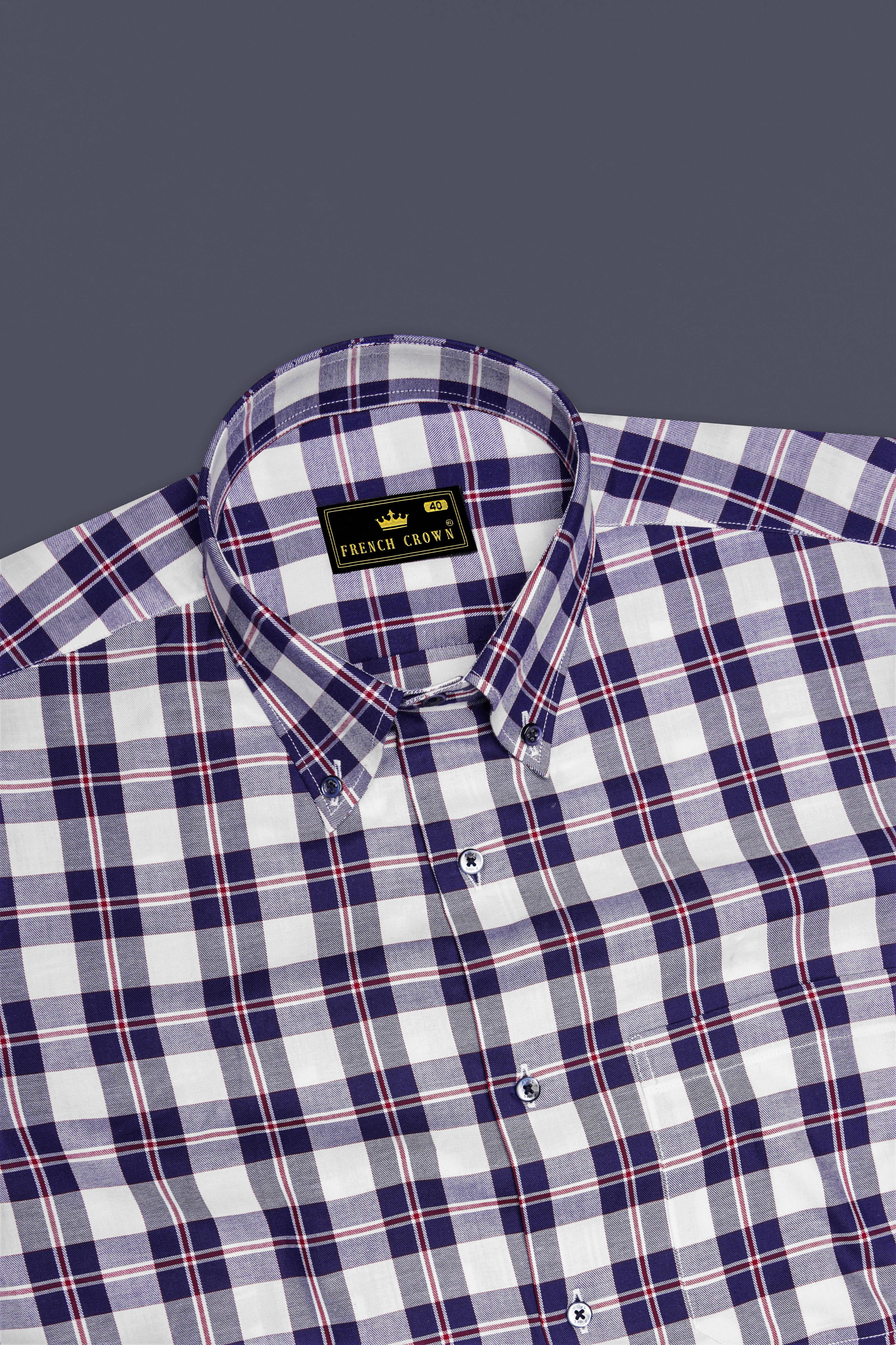 Bright White with Downriver Blue and Monza Red Checkered Twill Premium Cotton Shirt