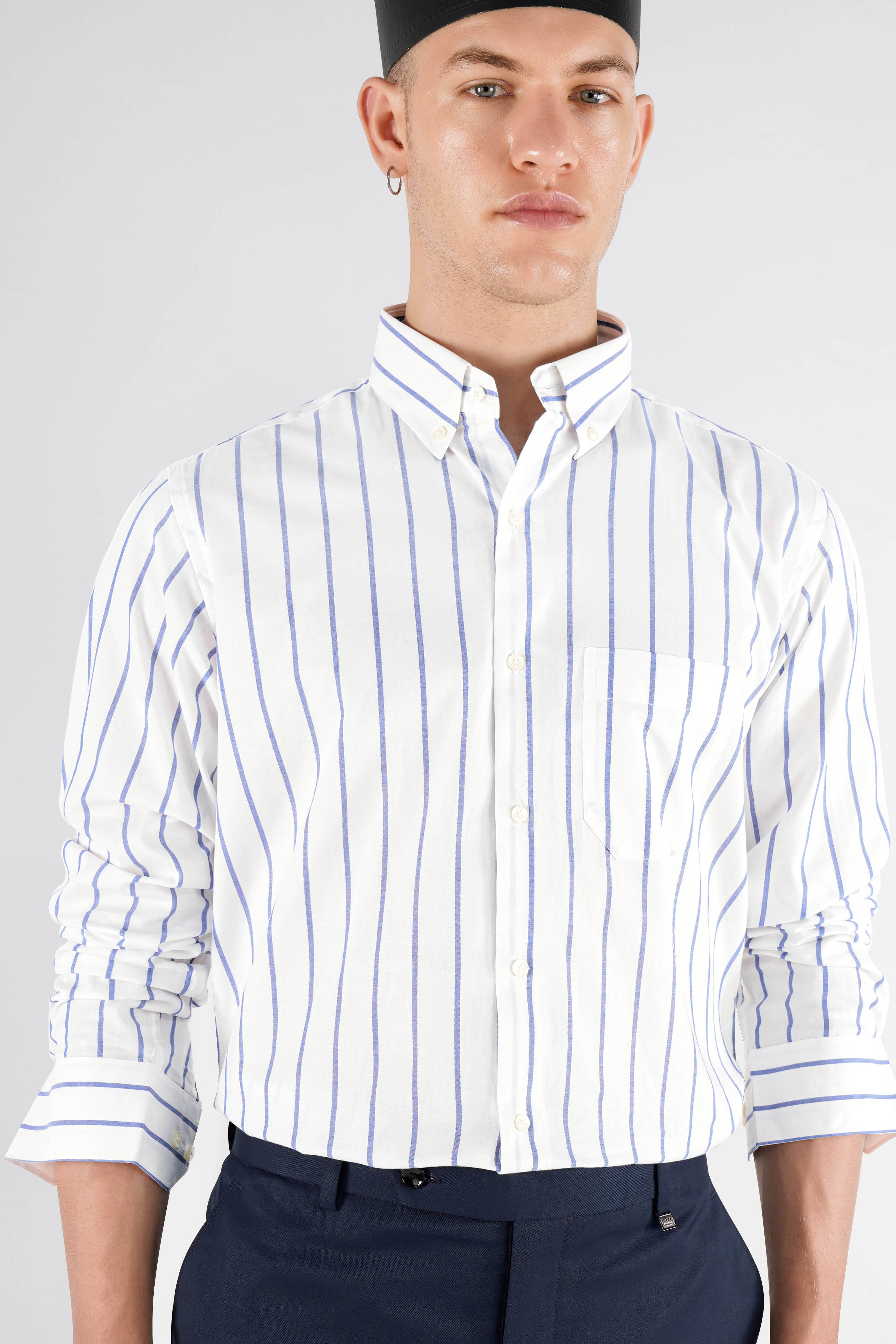 Bright White with Faded Blue Striped Premium Cotton Shirt