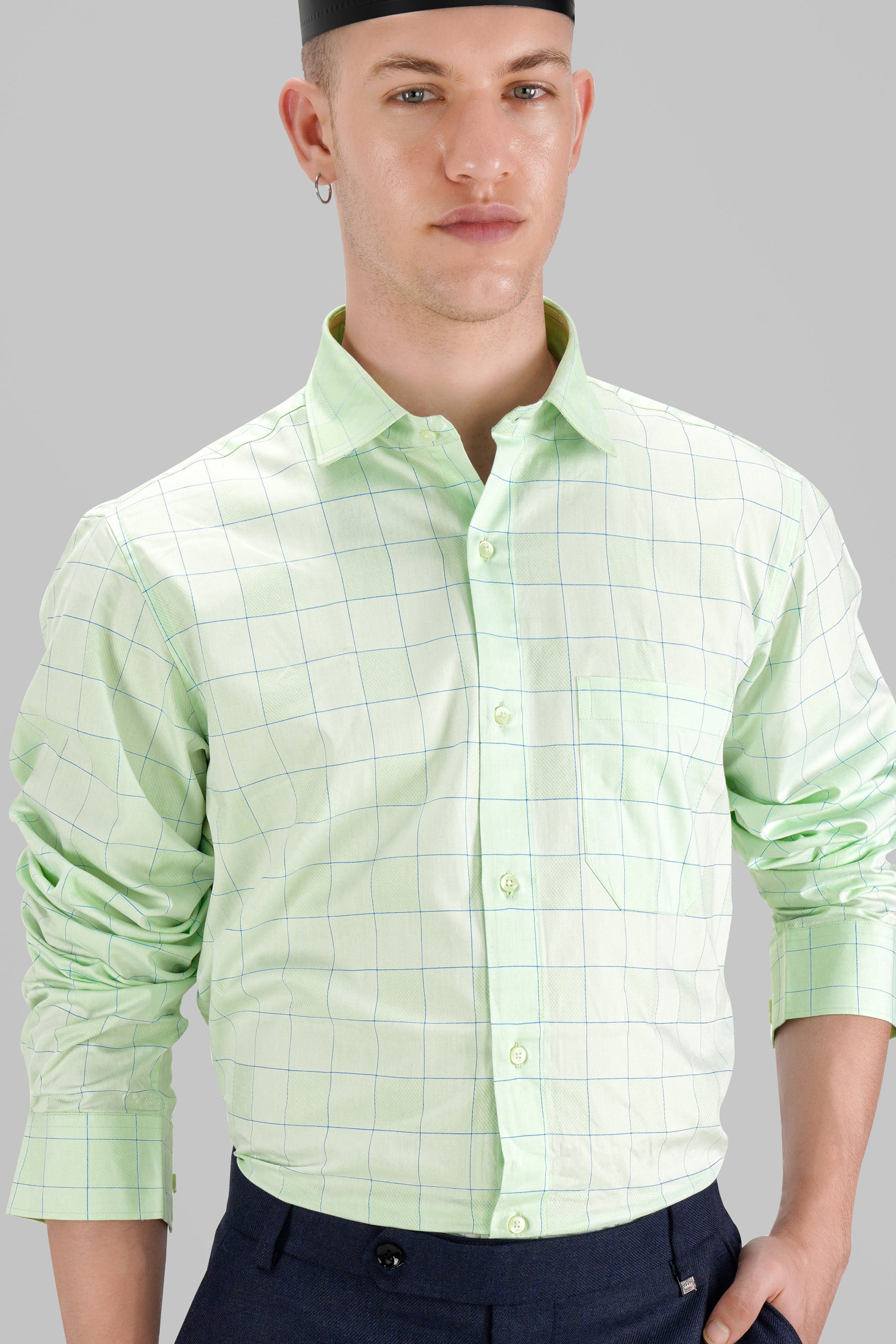 Surf Crest Green with Tufts Blue Windowpane Dobby Textured Premium Giza Cotton Shirt