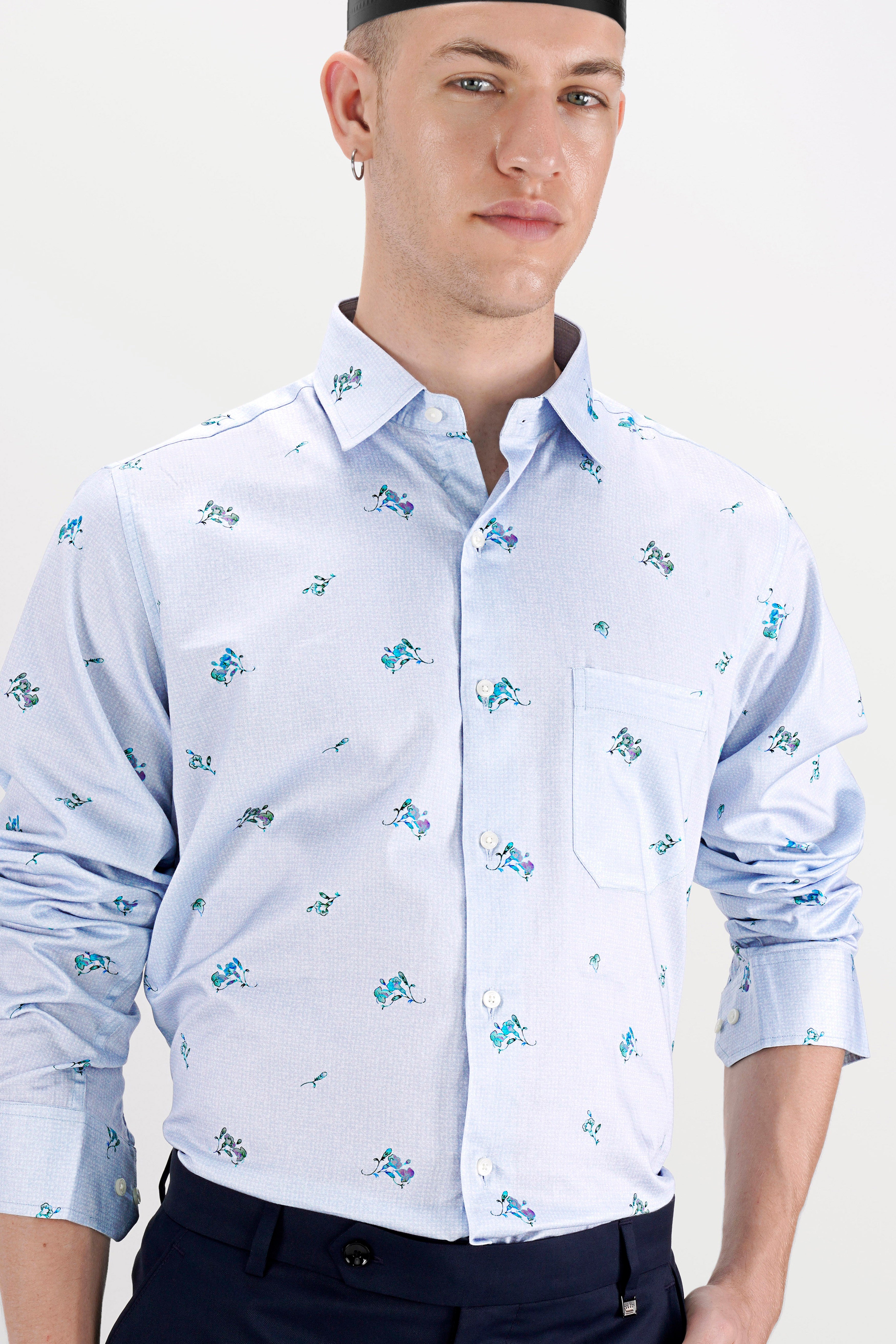 Gainsboro Gray with Wistflul Blue Floral Printed Super Soft Premium Cotton Shirt