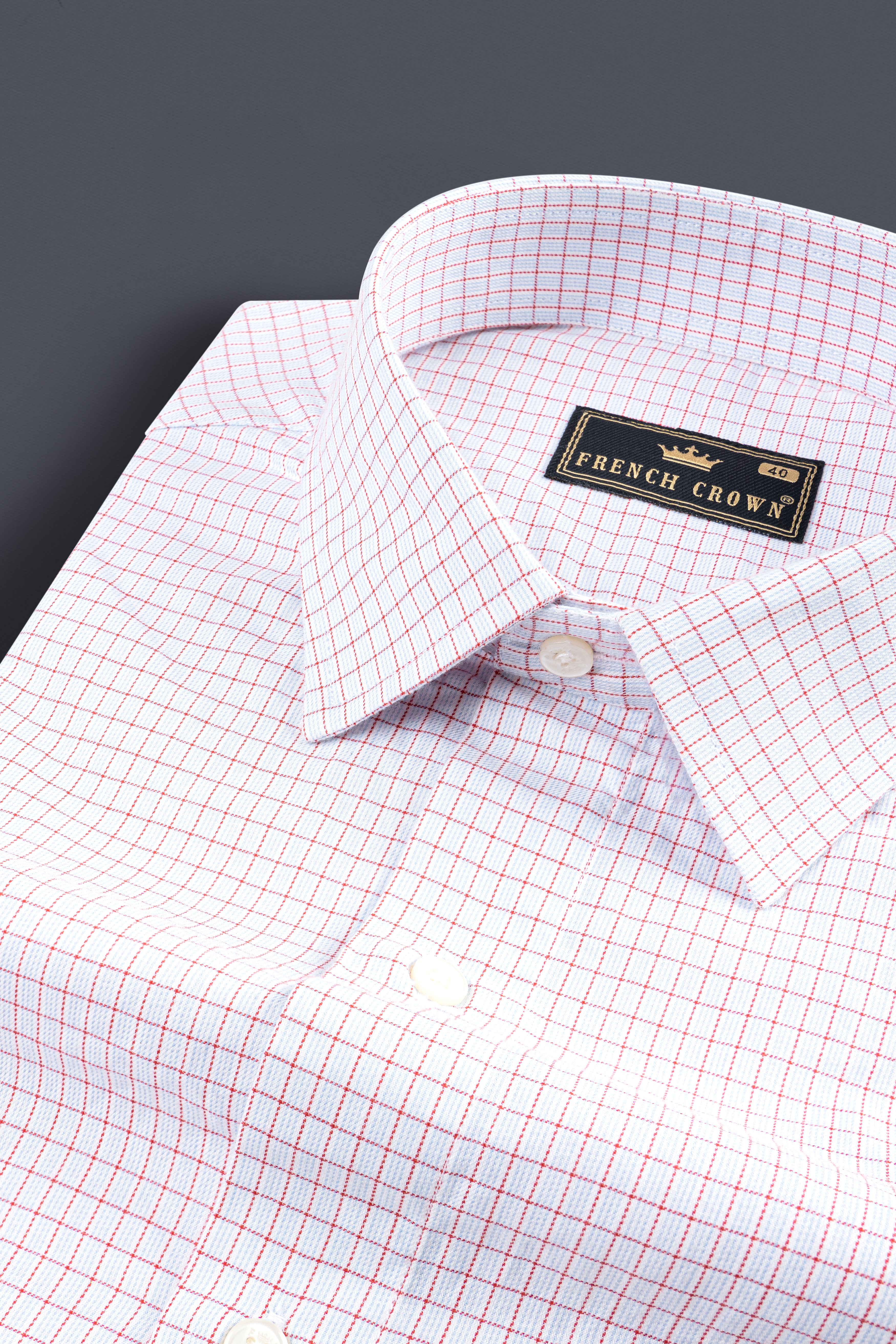 Bright White with Scarlet Red Checkered Dobby Textured Premium Giza Cotton Shirt