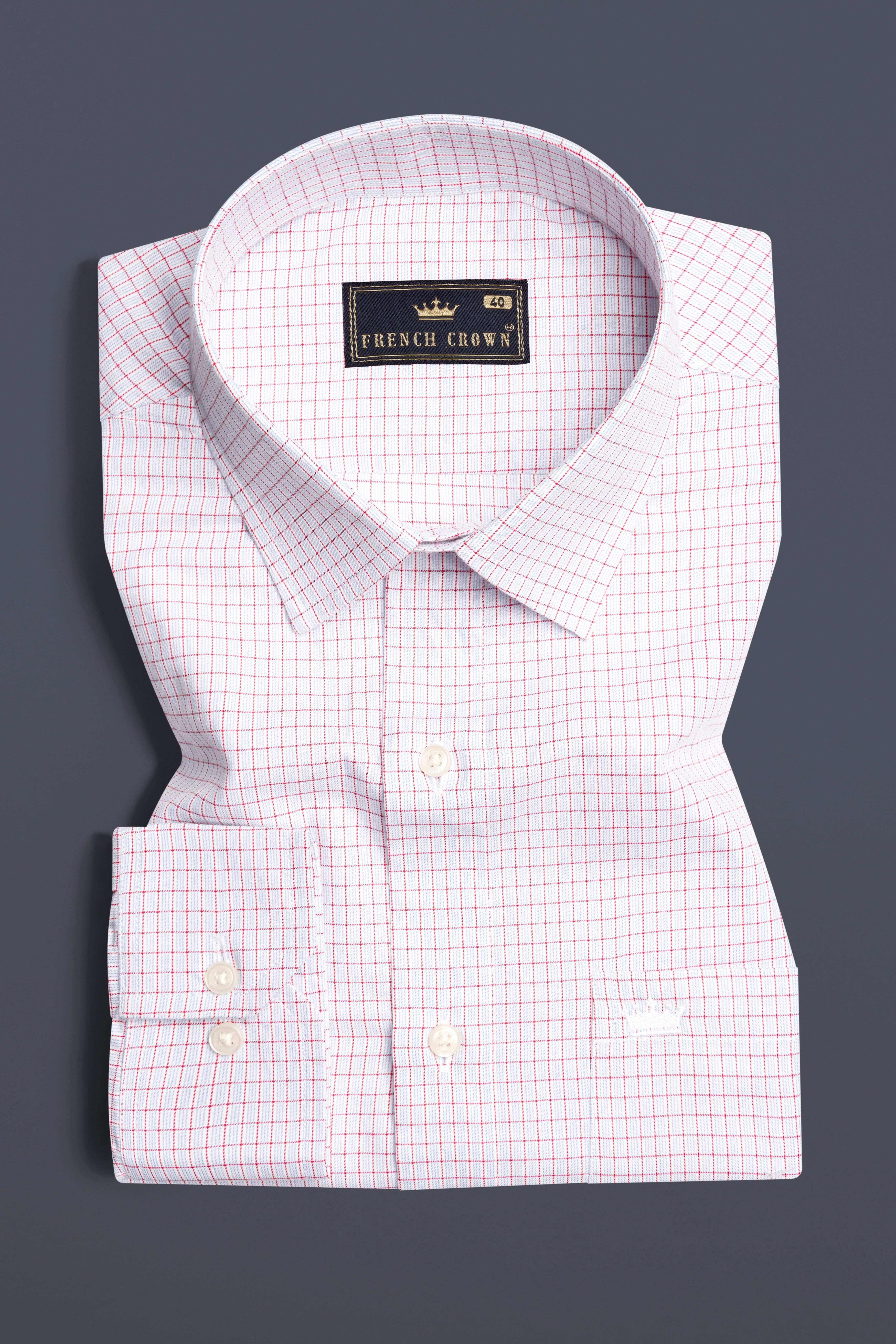 Bright White with Scarlet Red Checkered Dobby Textured Premium Giza Cotton Shirt