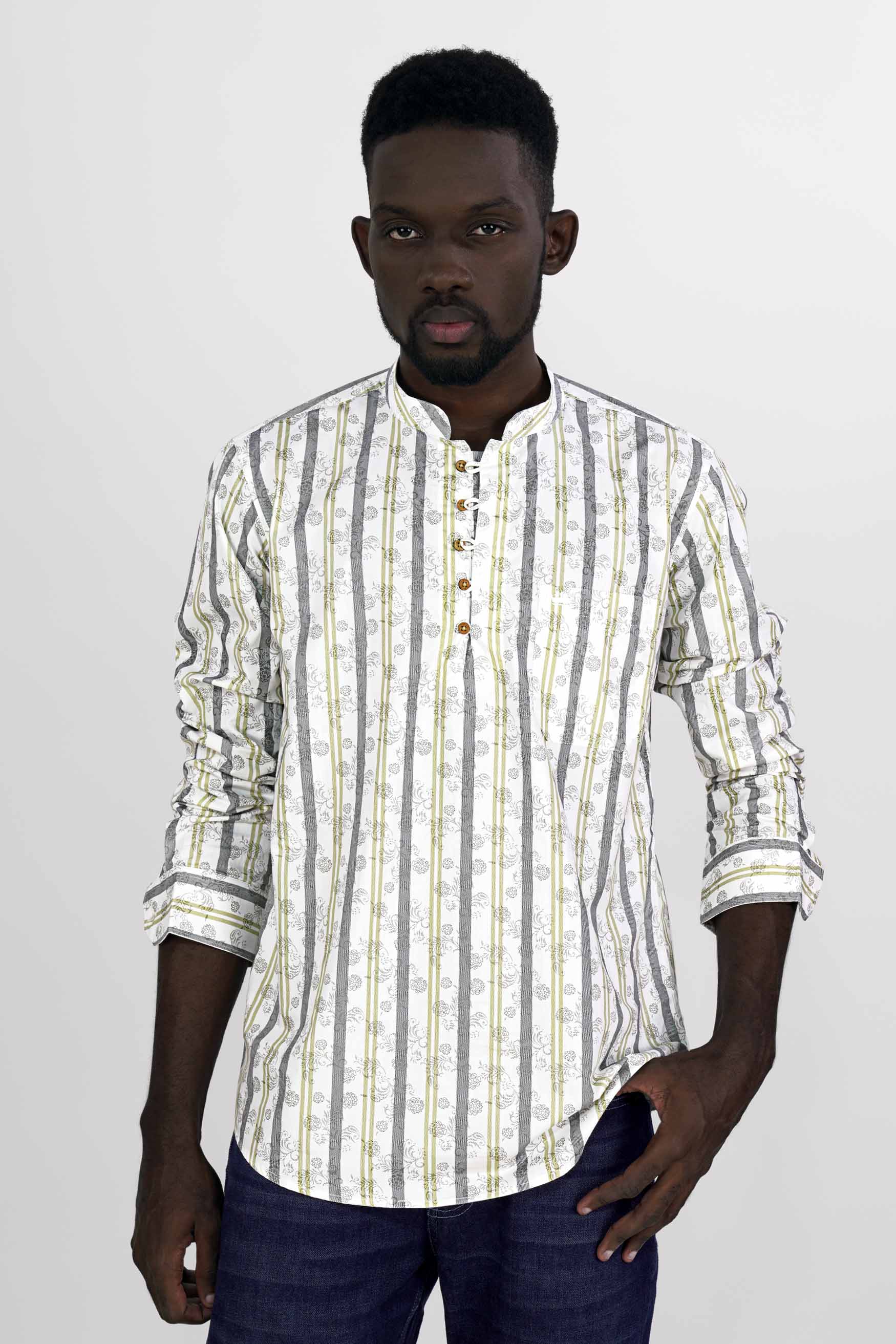 Bright White Multicoloured Striped Super Soft Premium Cotton Kurta Shirt