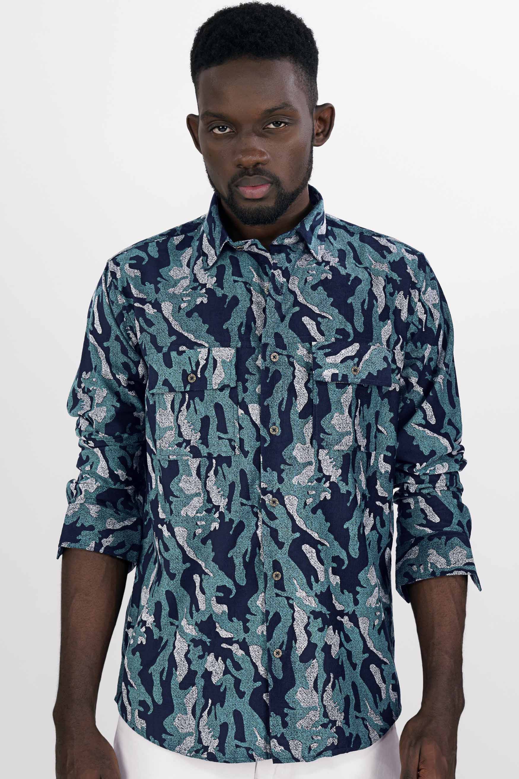 Mirage Blue and Cararra White Textured Corduroy Designer Overshirt/Shacket