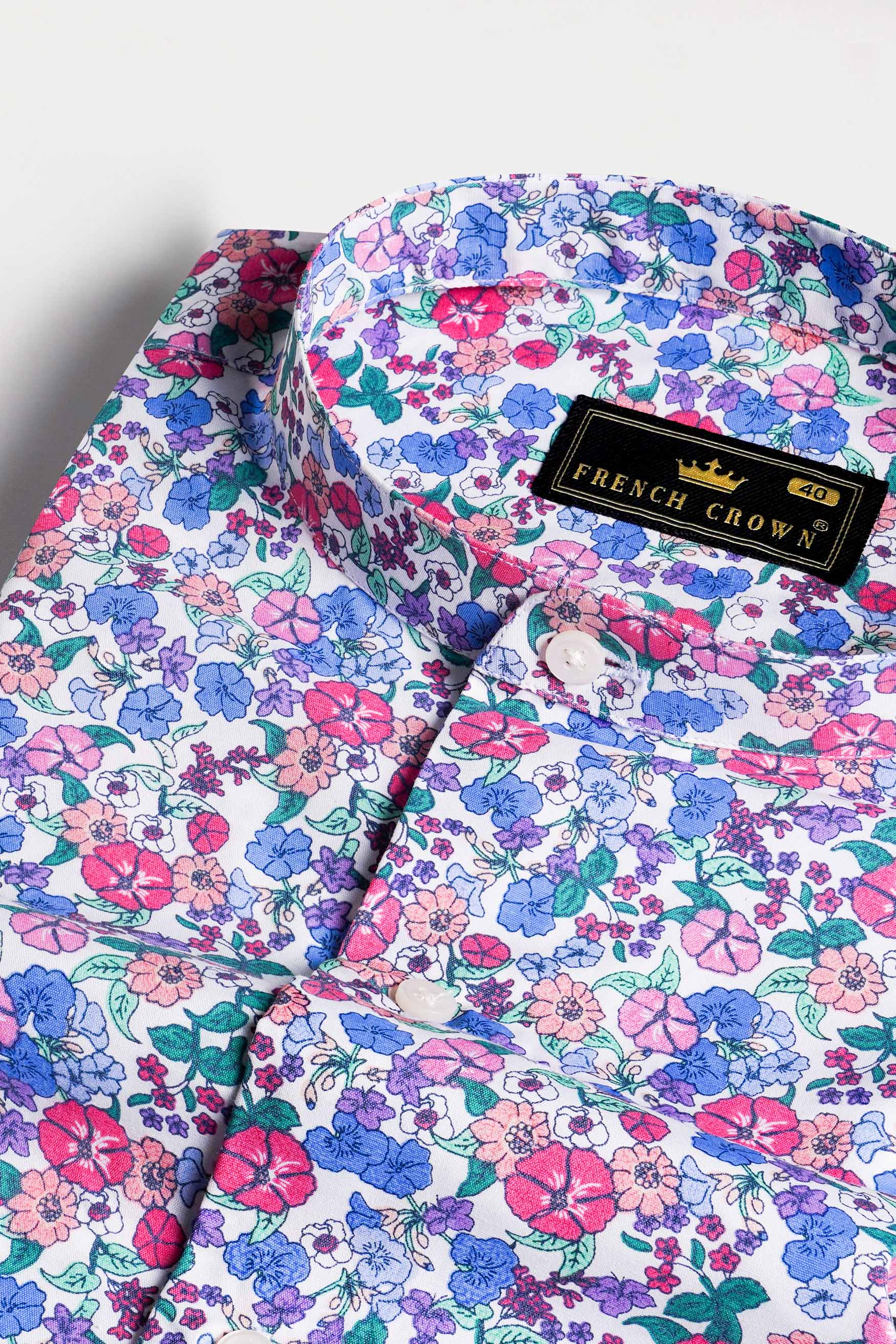 Bright White with Havelock Blue Multicolour Ditsy Printed Premium Cotton Shirt