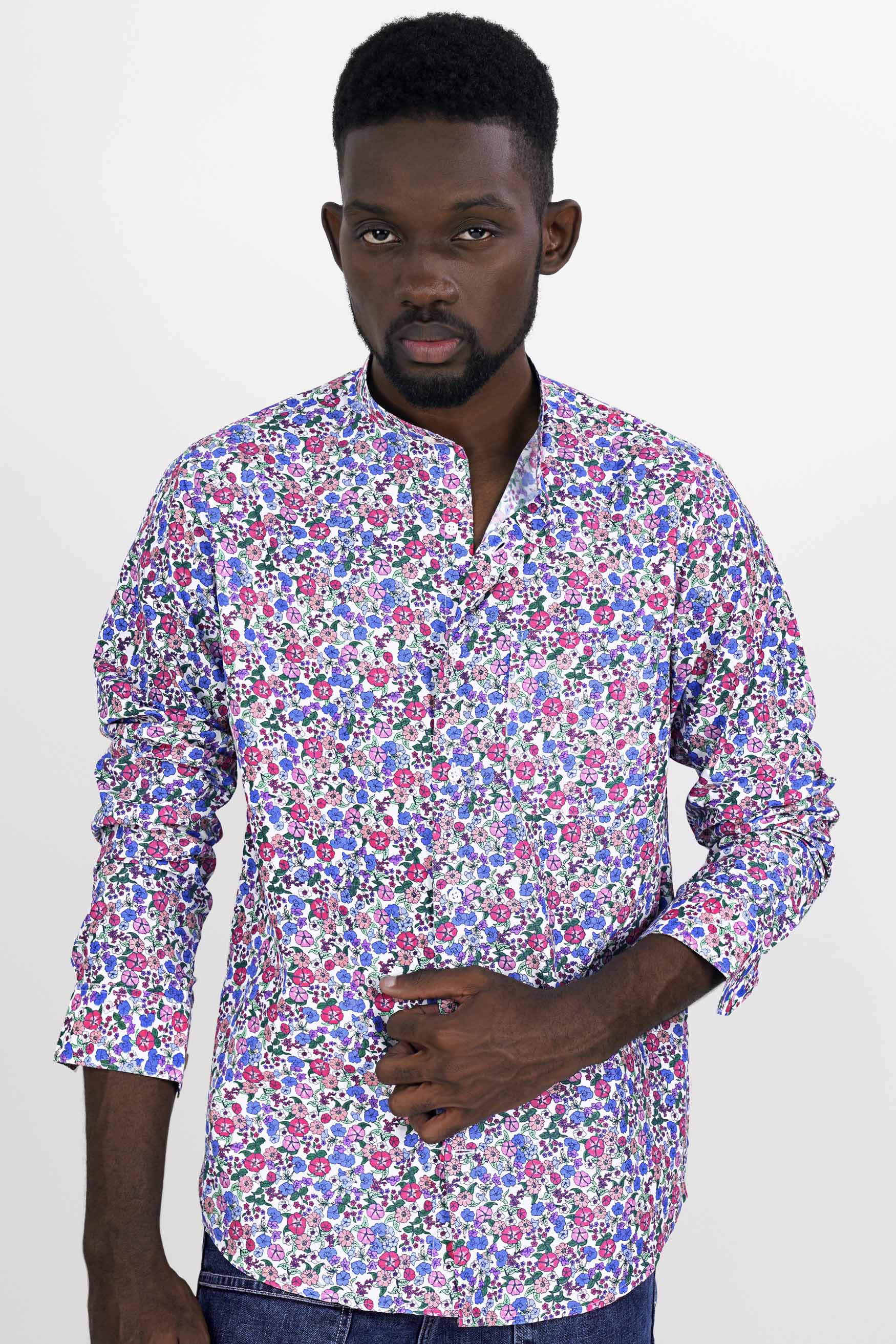 Bright White with Havelock Blue Multicolour Ditsy Printed Premium Cotton Shirt