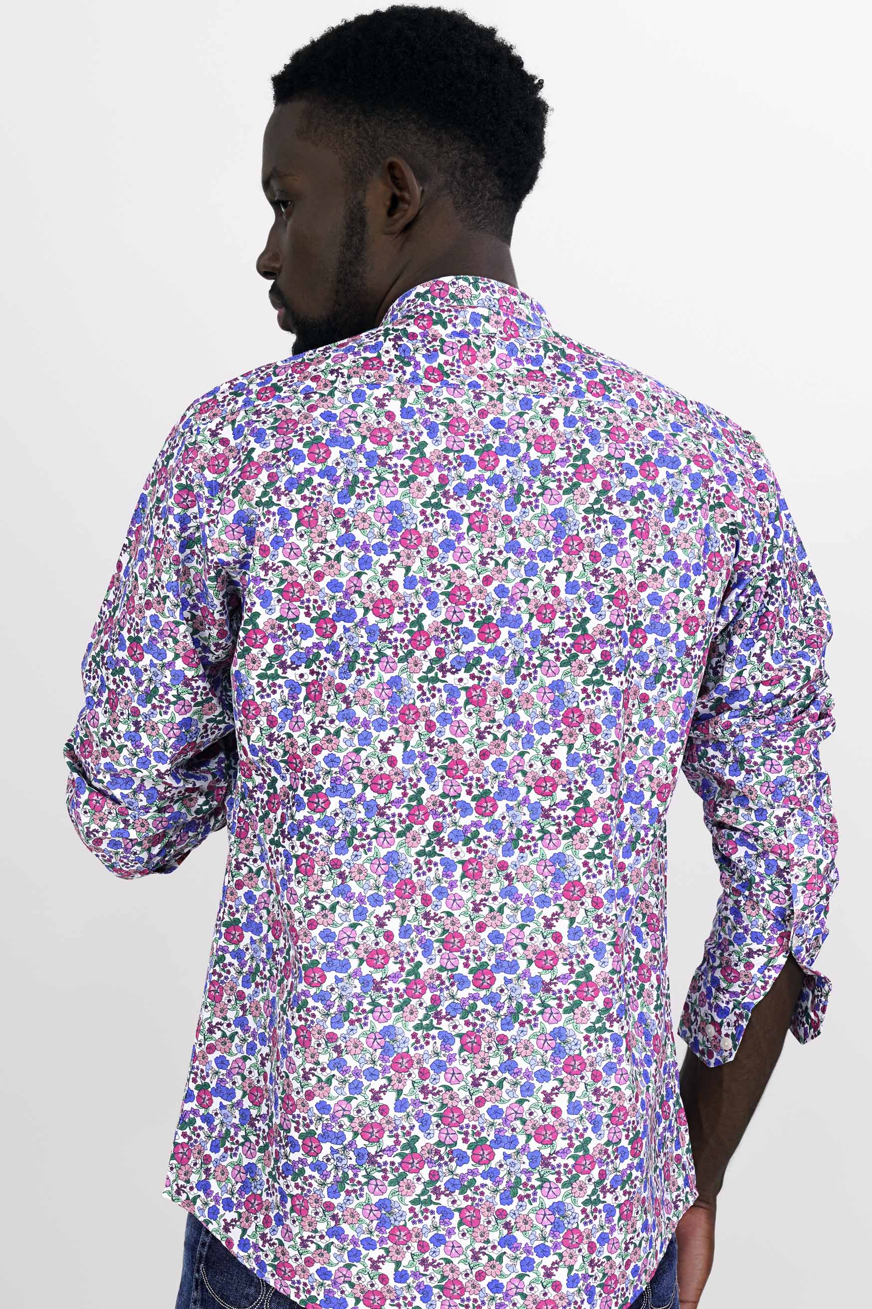 Bright White with Havelock Blue Multicolour Ditsy Printed Premium Cotton Shirt