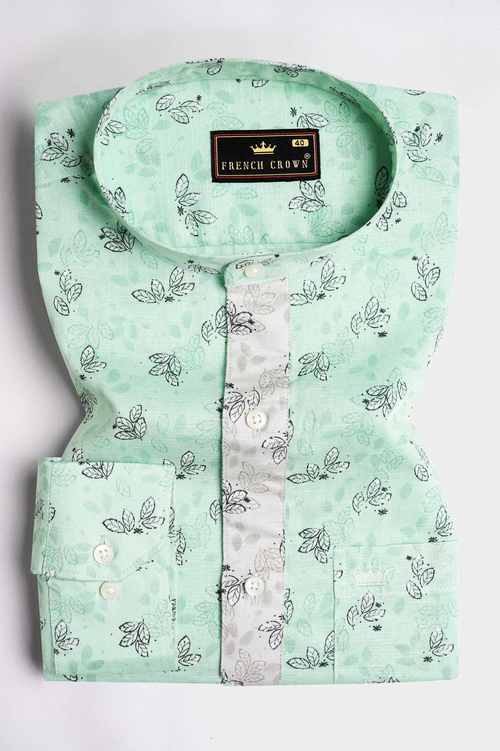 Ironstone Green Leaves Printed Luxurious Linen Designer Shirt