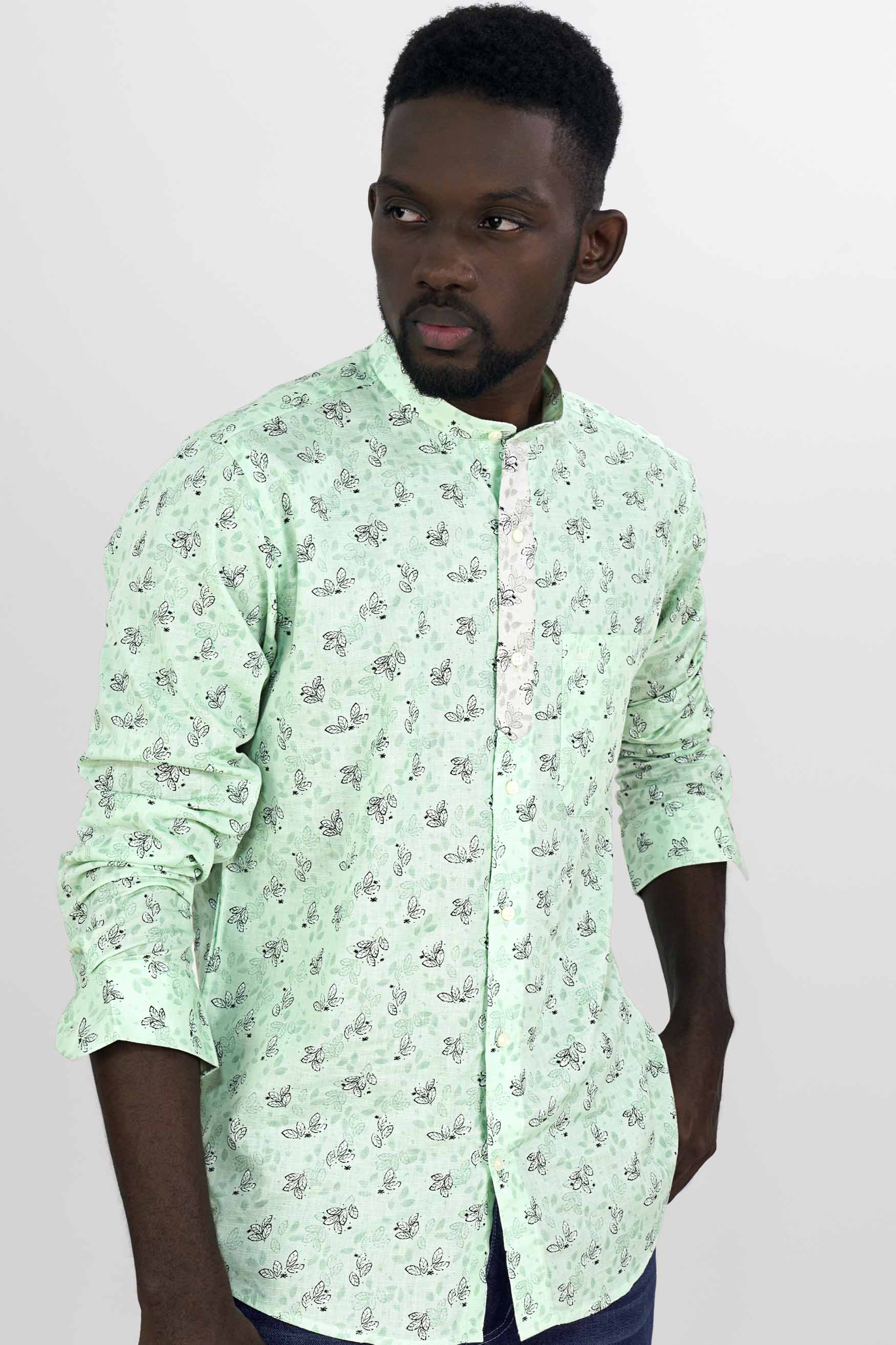 Ironstone Green Leaves Printed Luxurious Linen Designer Shirt