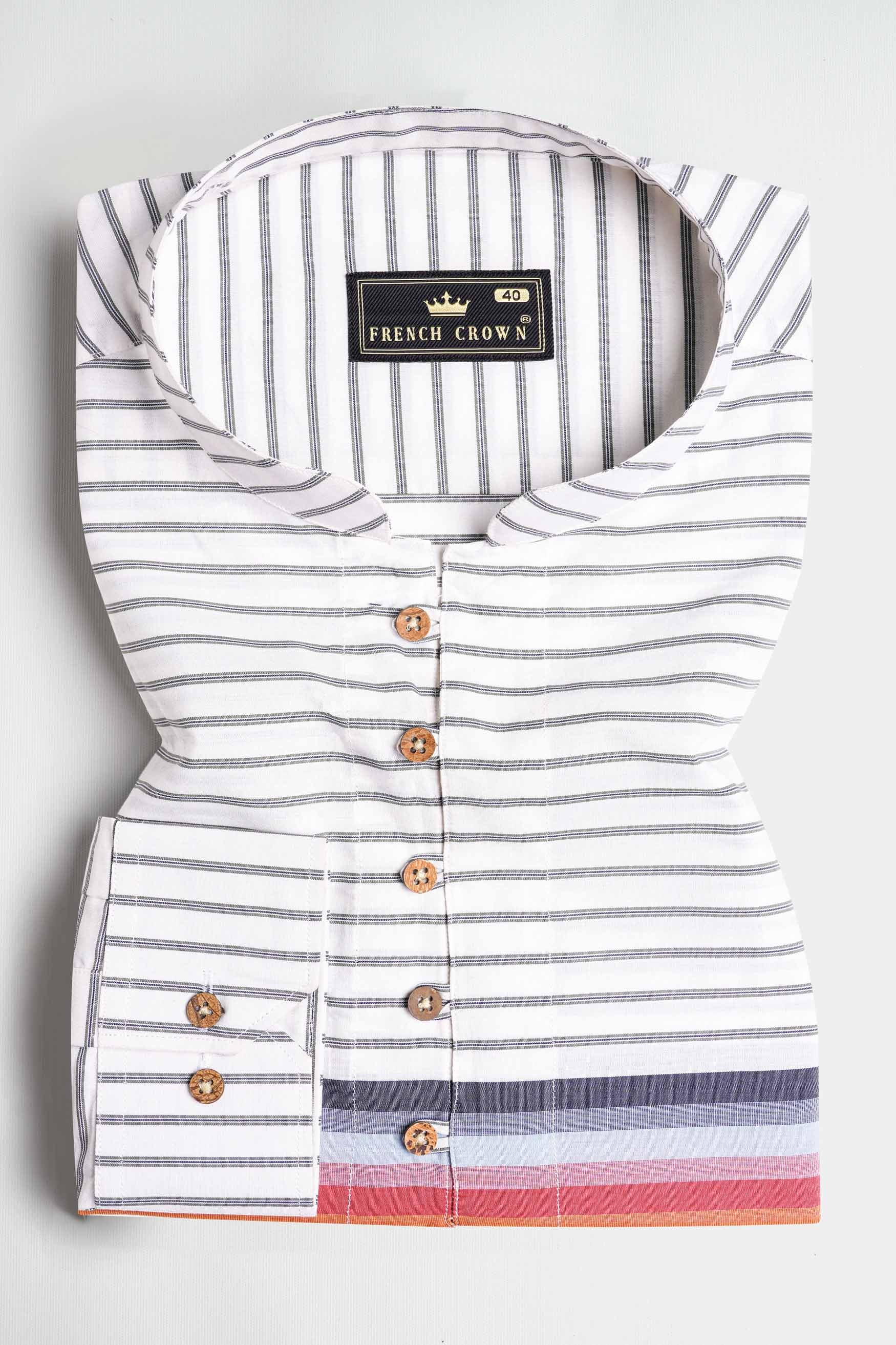 Bright White Multicolour Striped Premium Cotton Kurta Shirt