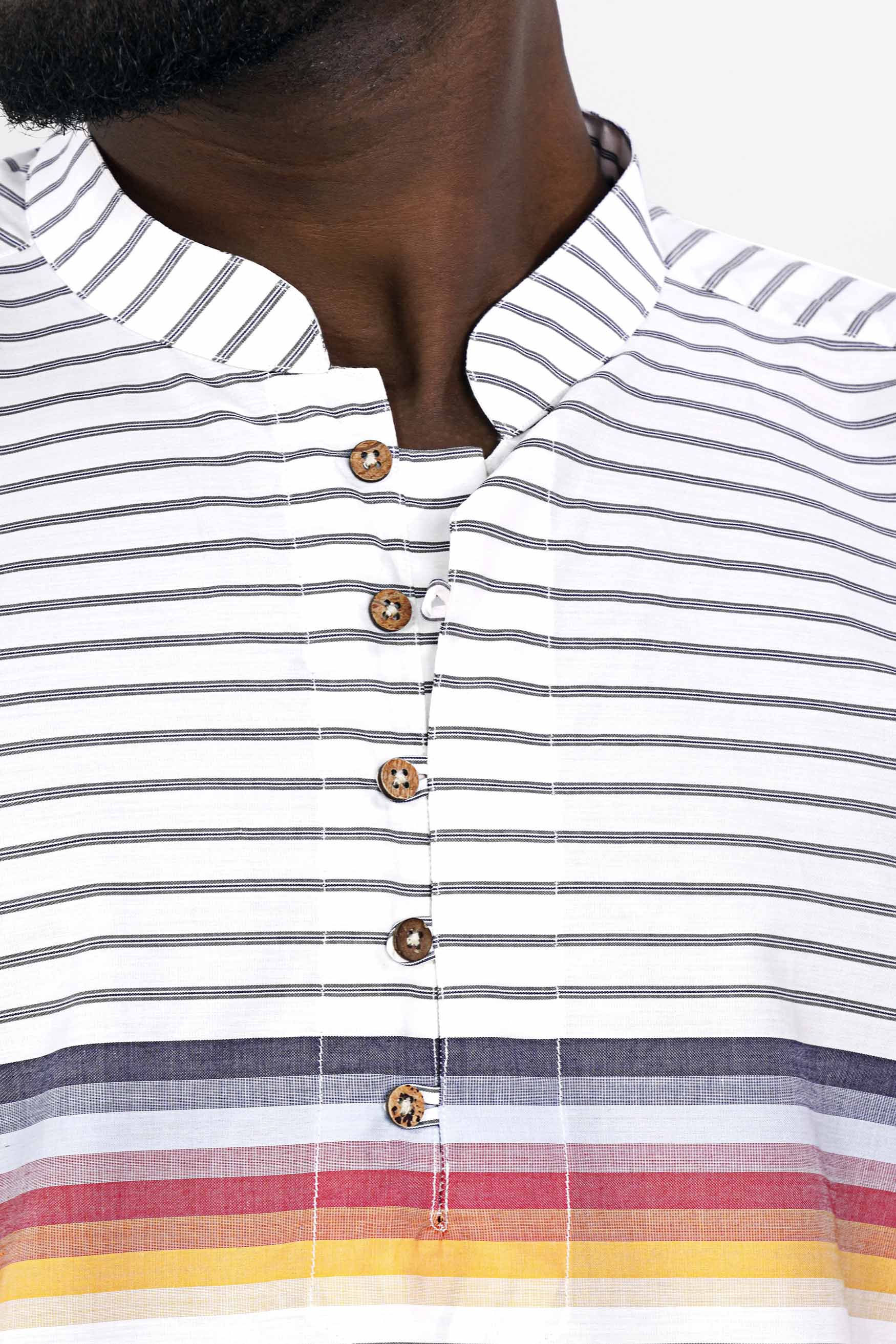Bright White Multicolour Striped Premium Cotton Kurta Shirt