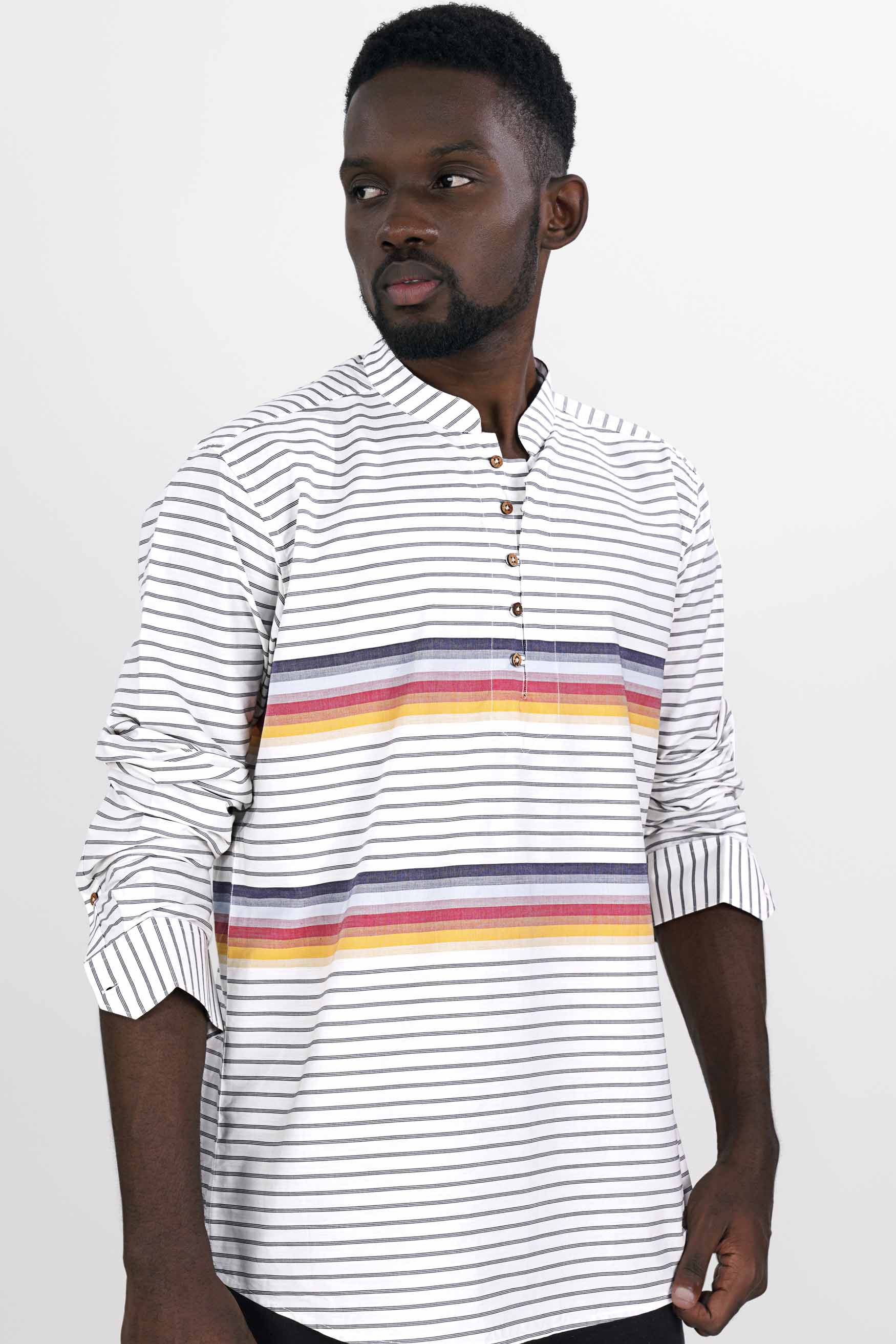 Bright White Multicolour Striped Premium Cotton Kurta Shirt