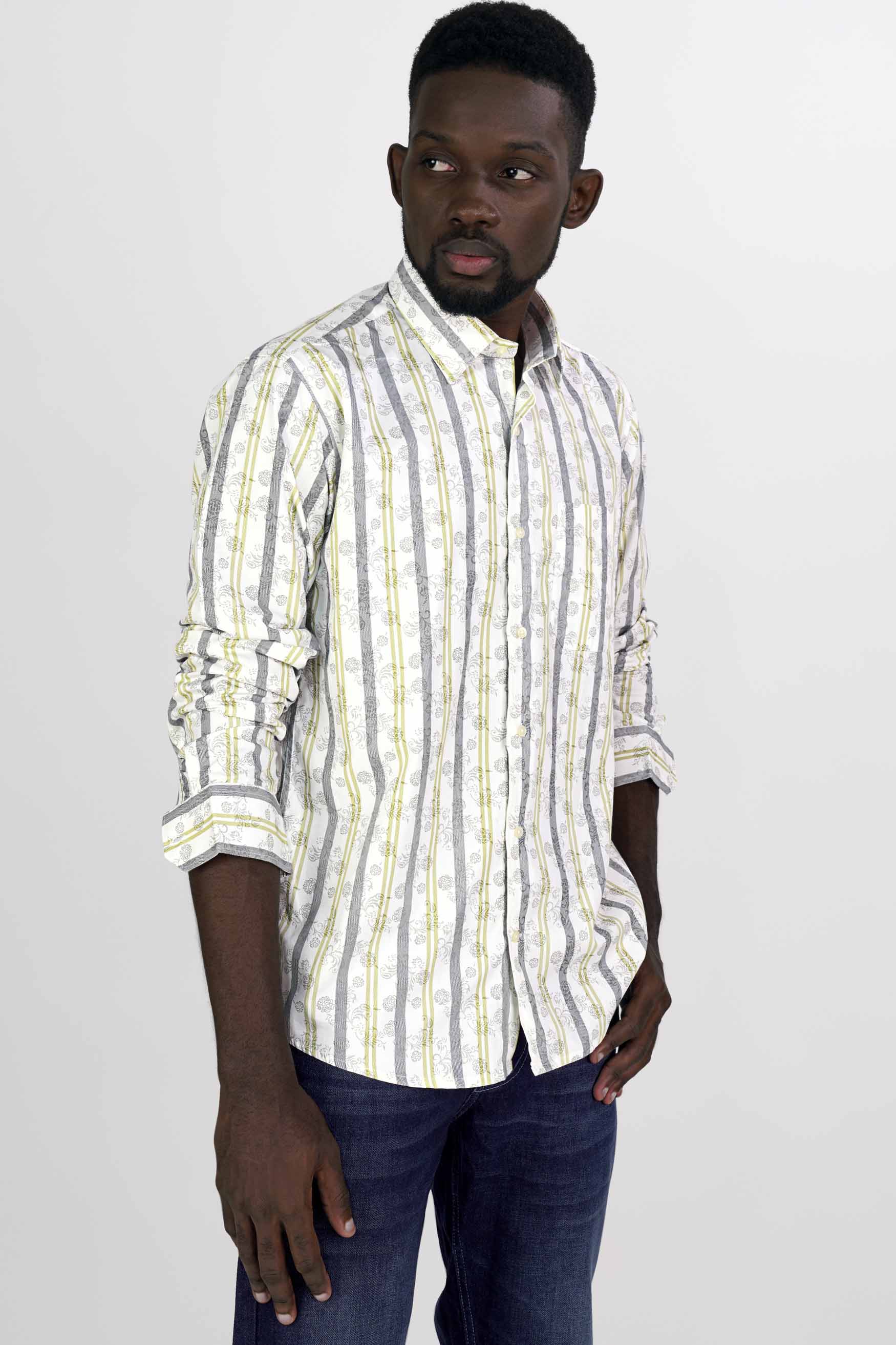 Bright White with Gunsmoke Gray and Hampton Green Striped Super Soft Premium Cotton Shirt