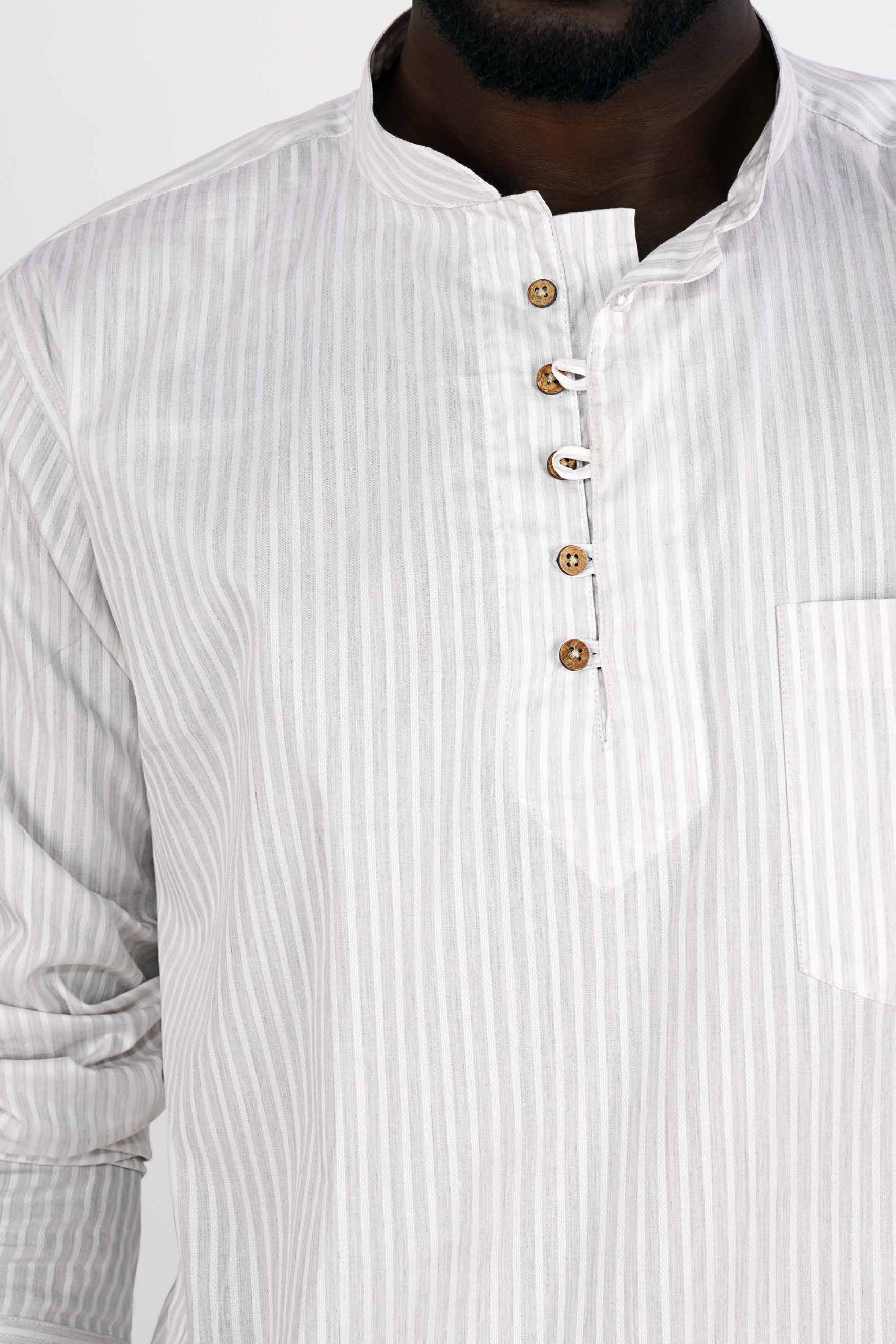 Bright White Striped Dobby Textured Premium Giza Cotton Kurta Shirt