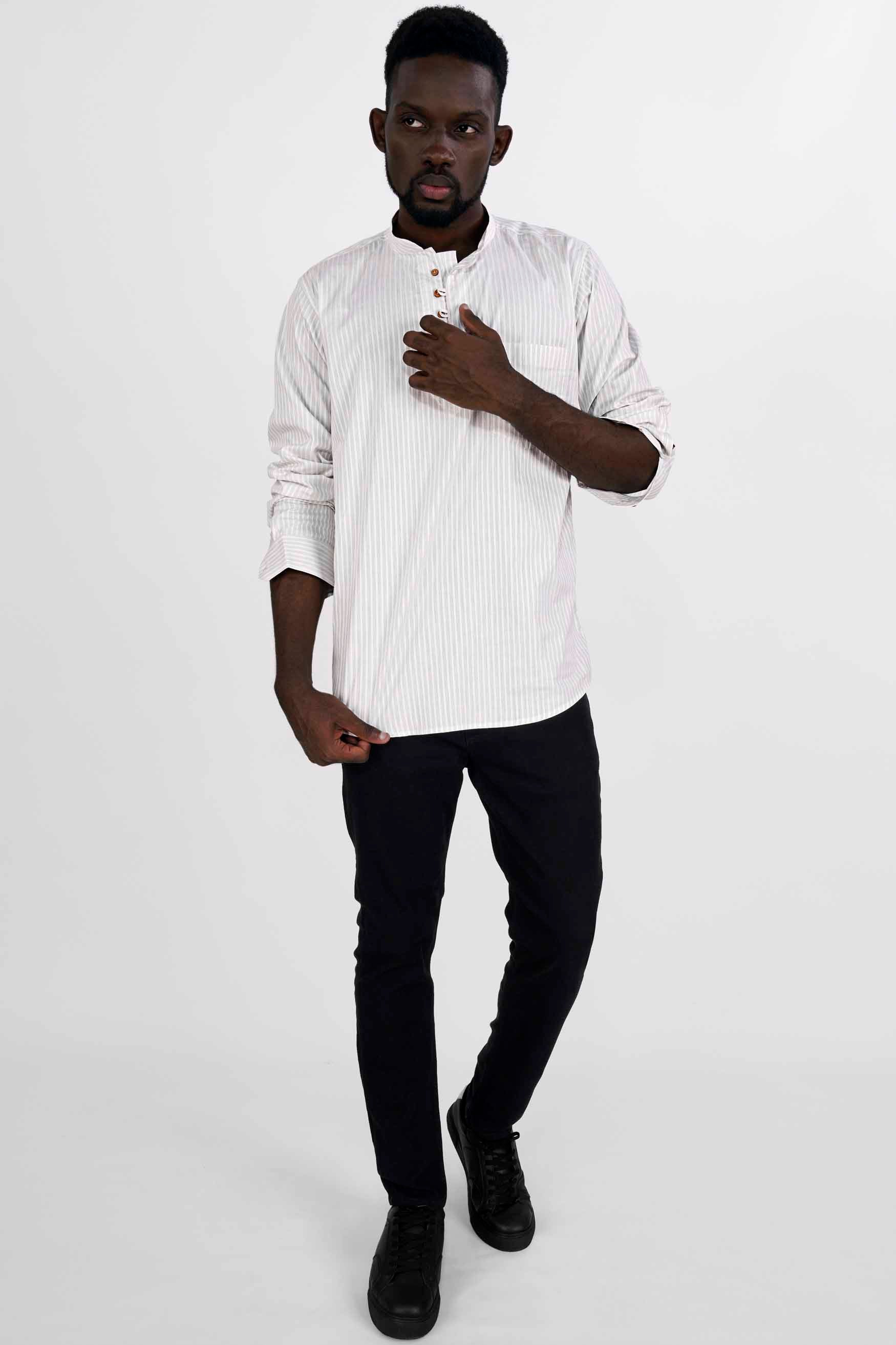Bright White Striped Dobby Textured Premium Giza Cotton Kurta Shirt