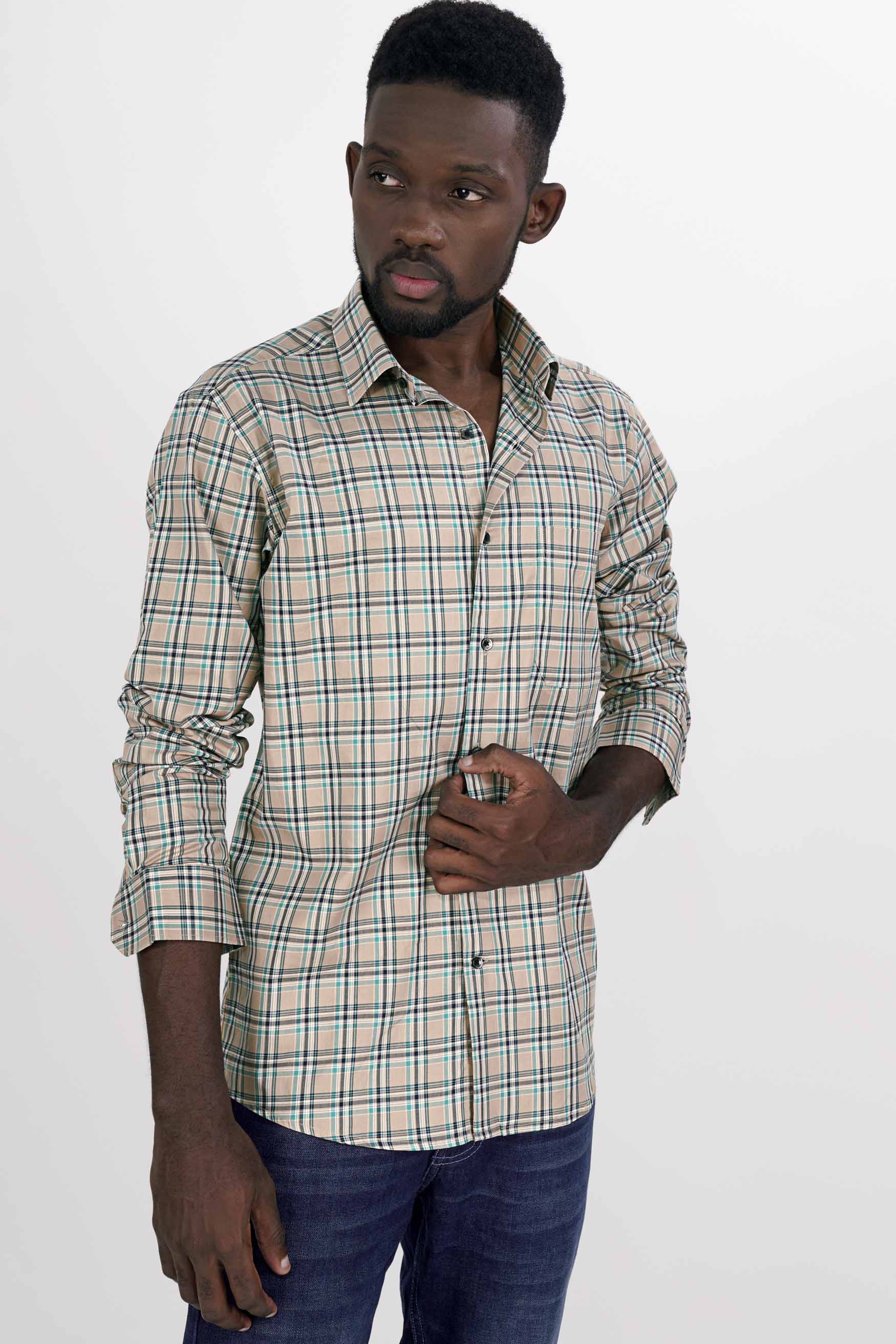 Sandrift Brown with Cloud Burst Blue Twill Plaid Premium Cotton Shirt