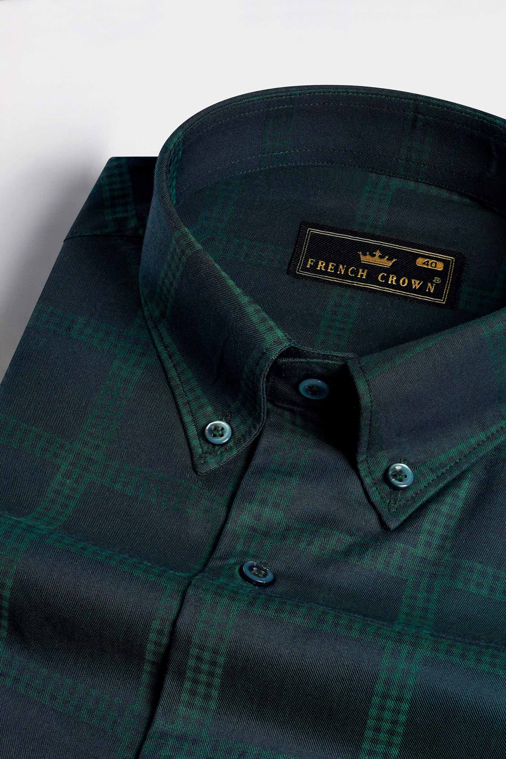 Gunmetal Blue and Plantation Green Checkered Jacquard Textured Premium Giza Cotton Shirt