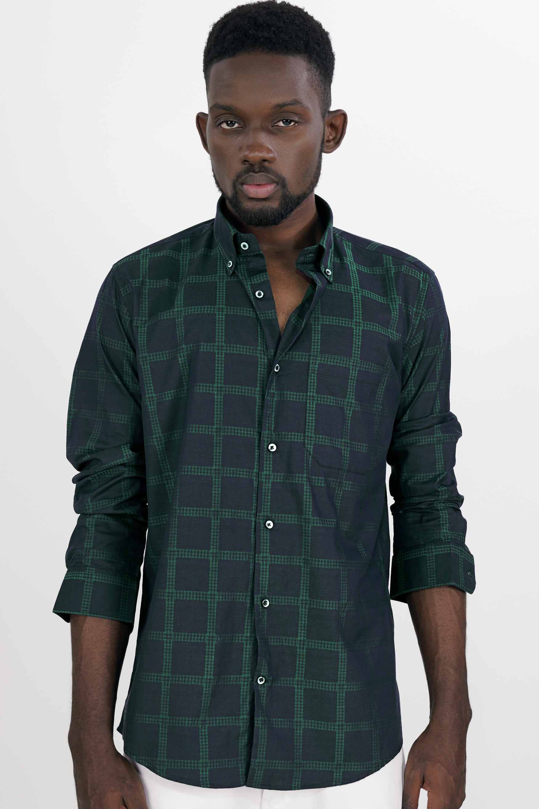 Gunmetal Blue and Plantation Green Checkered Jacquard Textured Premium Giza Cotton Shirt