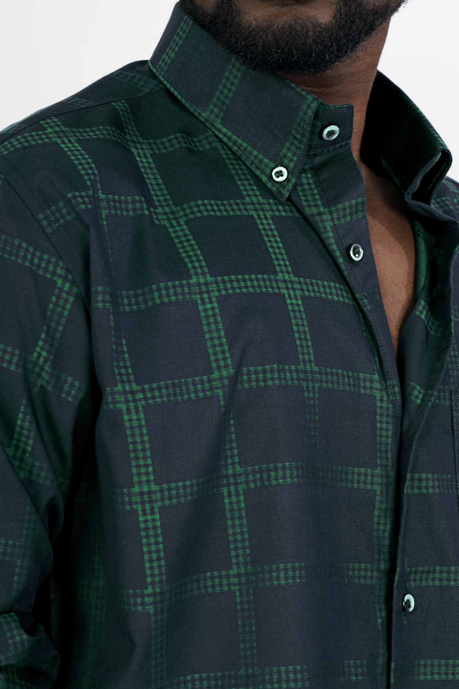 Gunmetal Blue and Plantation Green Checkered Jacquard Textured Premium Giza Cotton Shirt