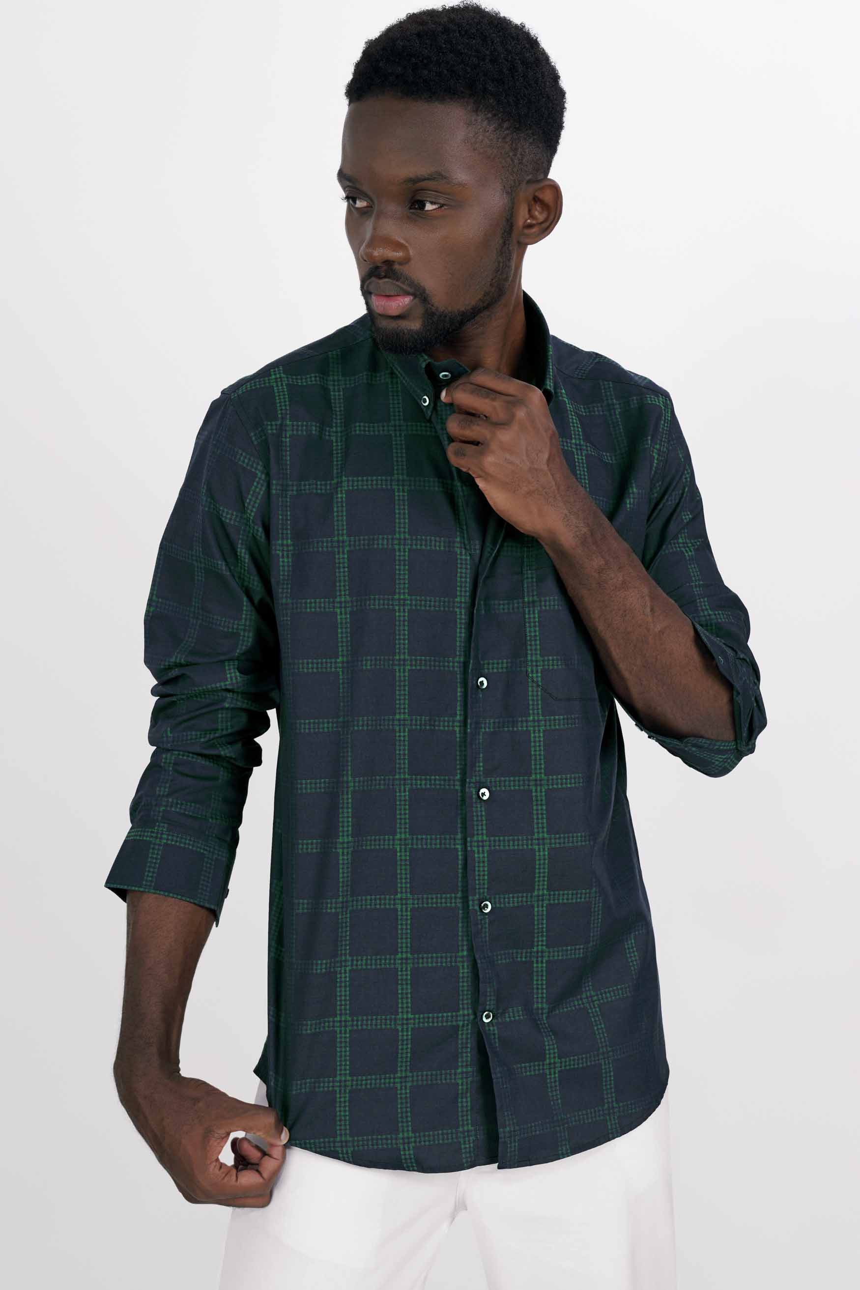 Gunmetal Blue and Plantation Green Checkered Jacquard Textured Premium Giza Cotton Shirt