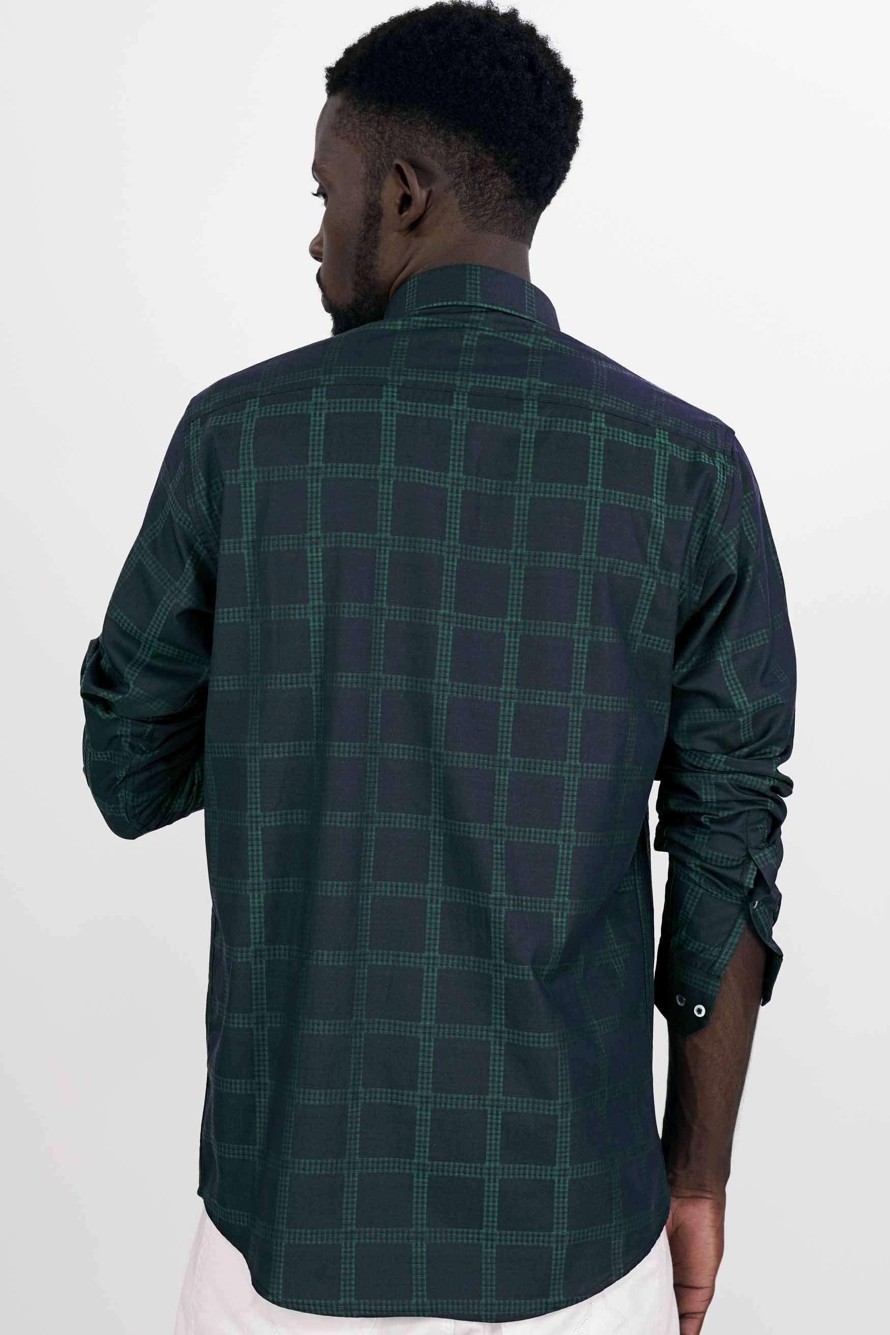 Gunmetal Blue and Plantation Green Checkered Jacquard Textured Premium Giza Cotton Shirt