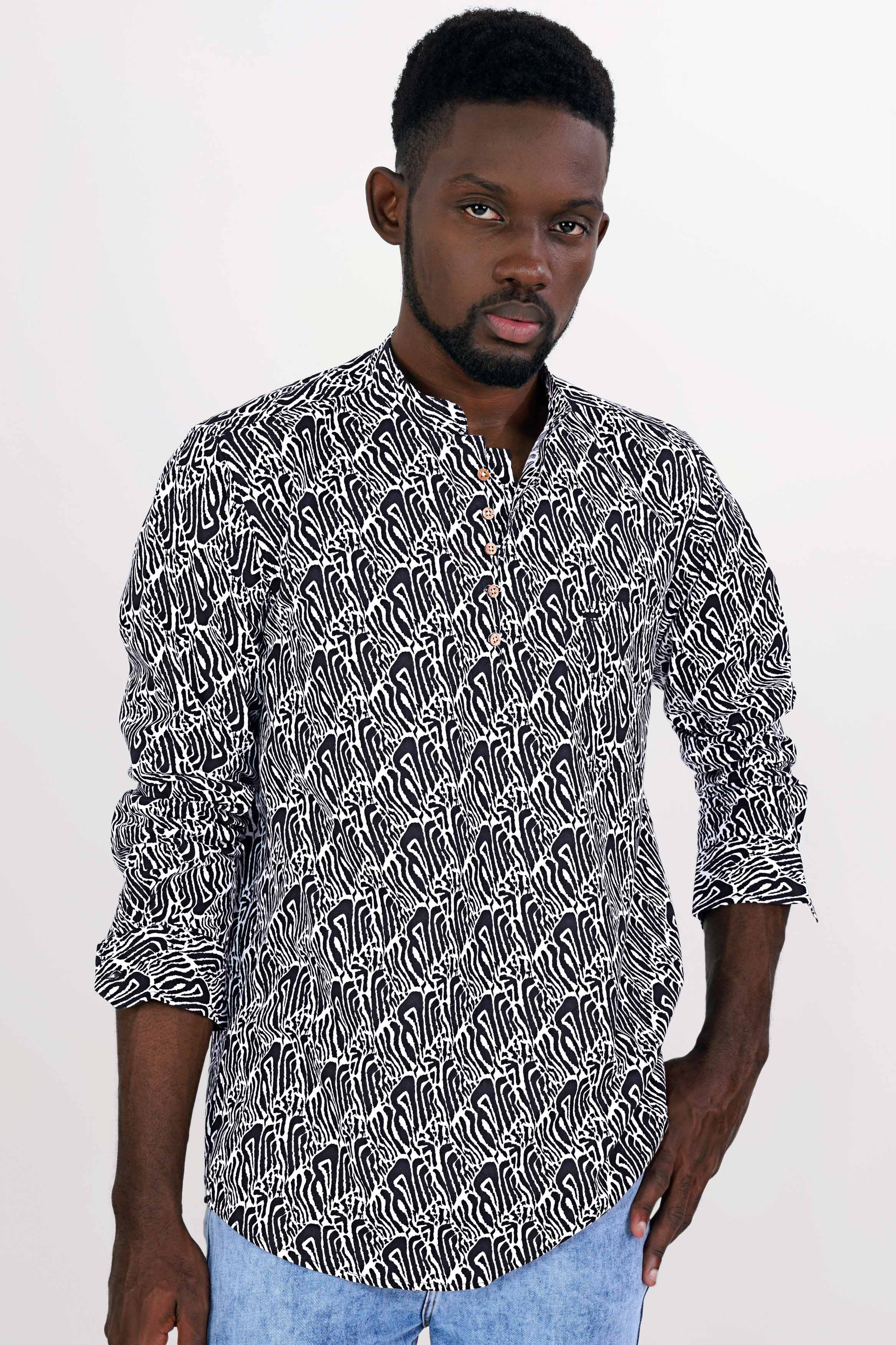 Bright White and Black Premium Cotton Kurta Shirt