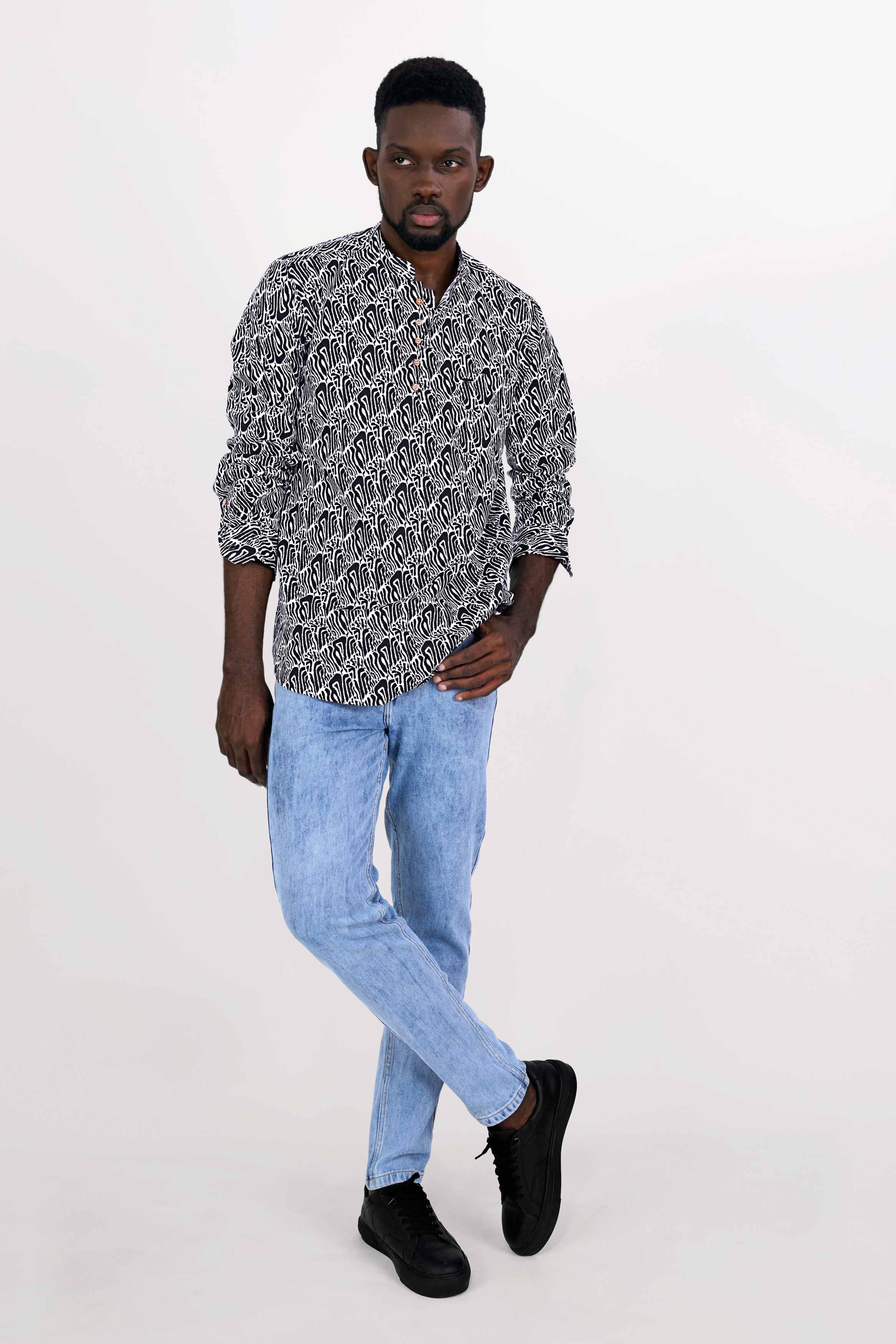 Bright White and Black Premium Cotton Kurta Shirt