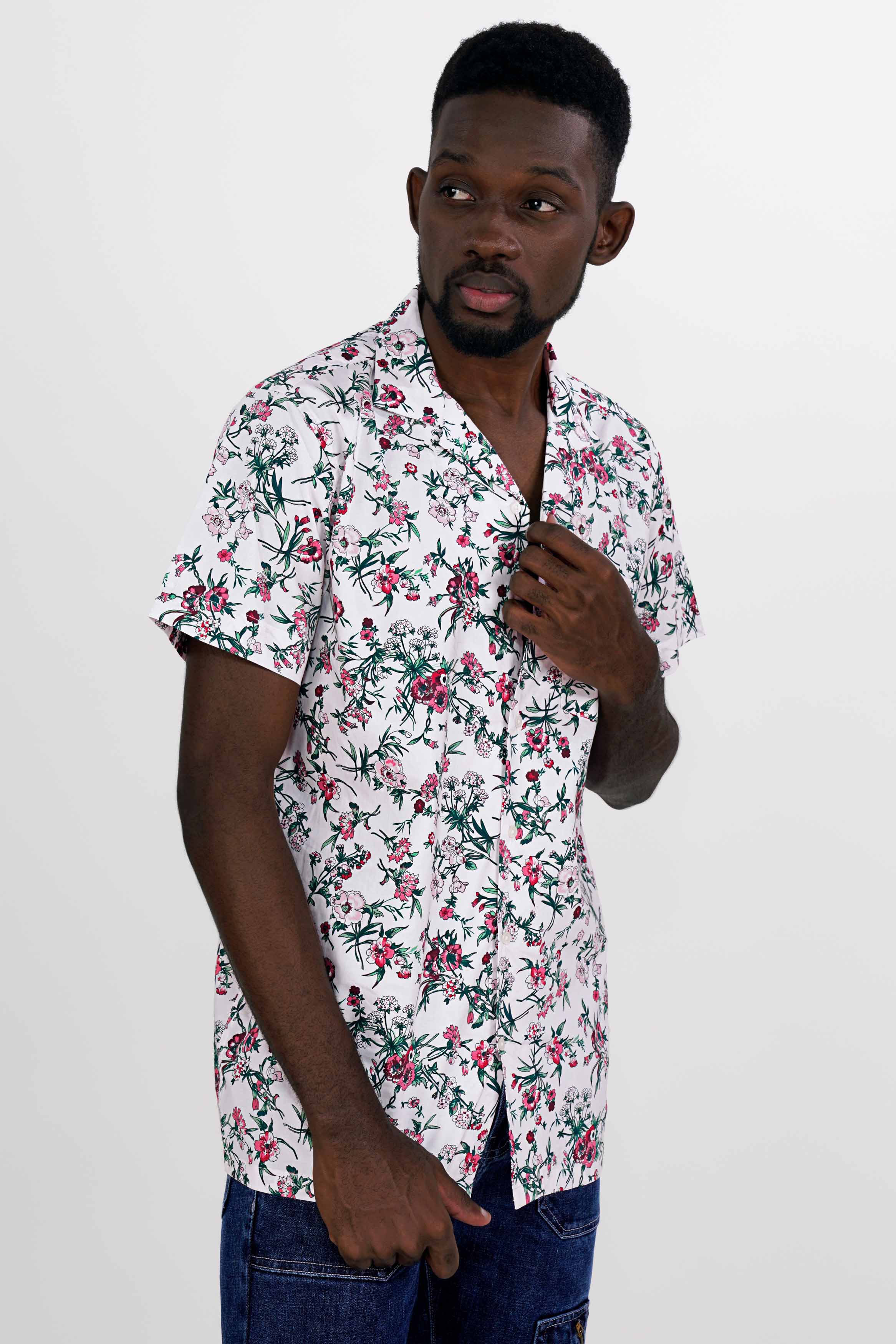 Bright White Multicolour Floral Printed Premium Cotton Shirt