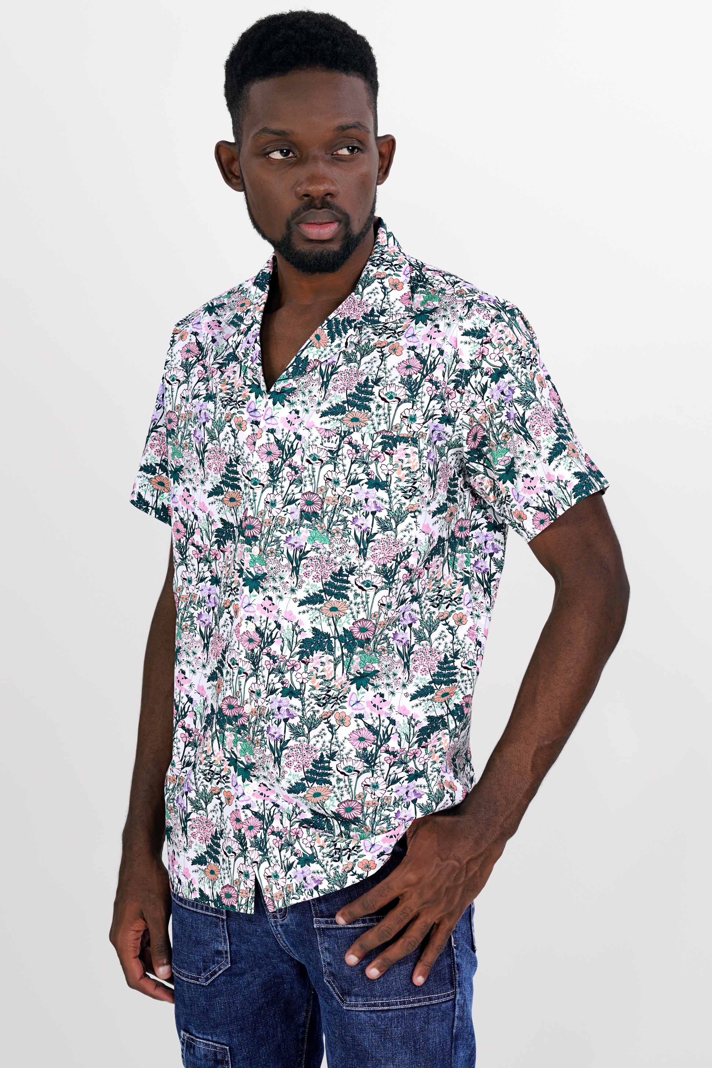 Bright White Multicolor Tropical Printed Premium Cotton Shirt