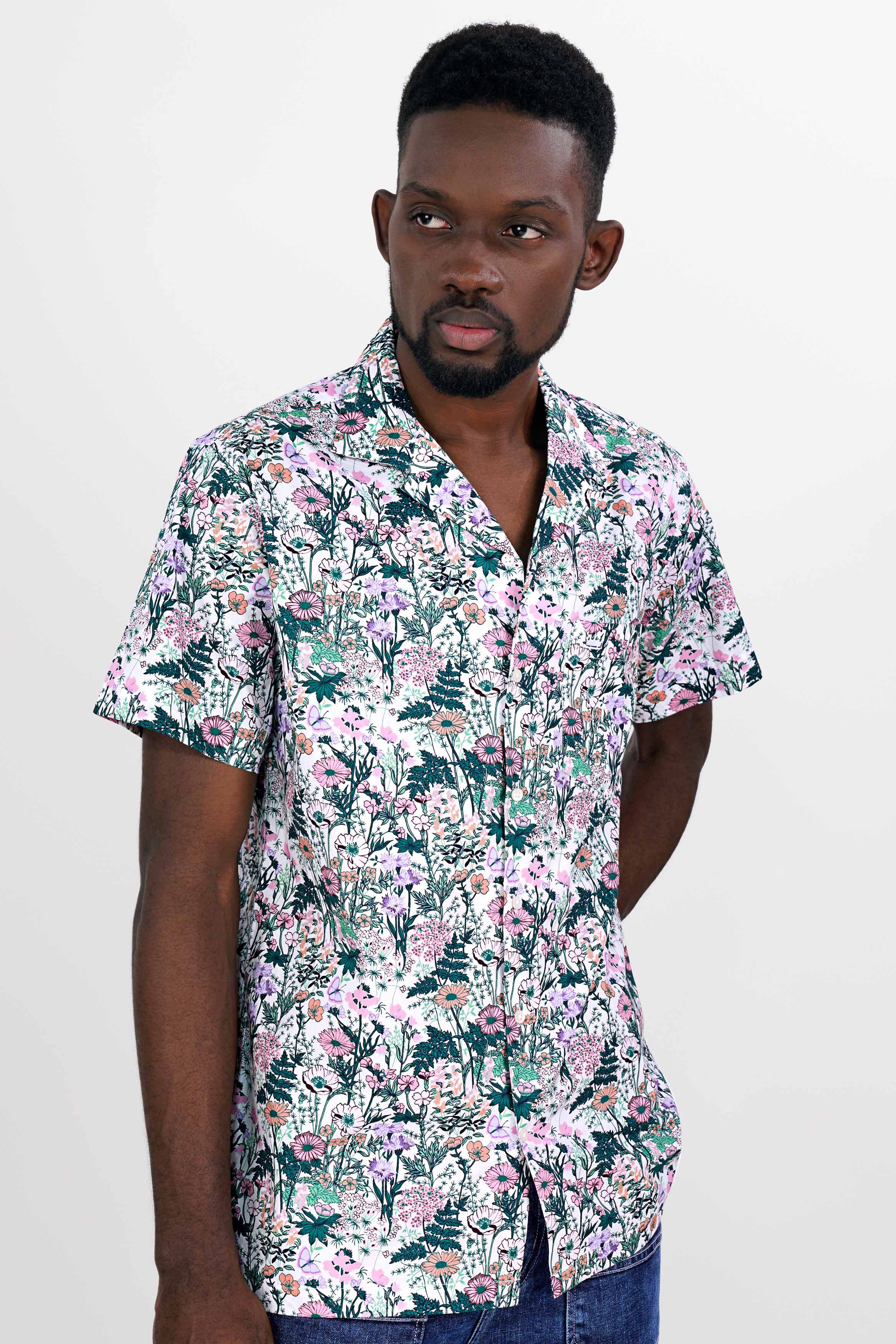Bright White Multicolor Tropical Printed Premium Cotton Shirt