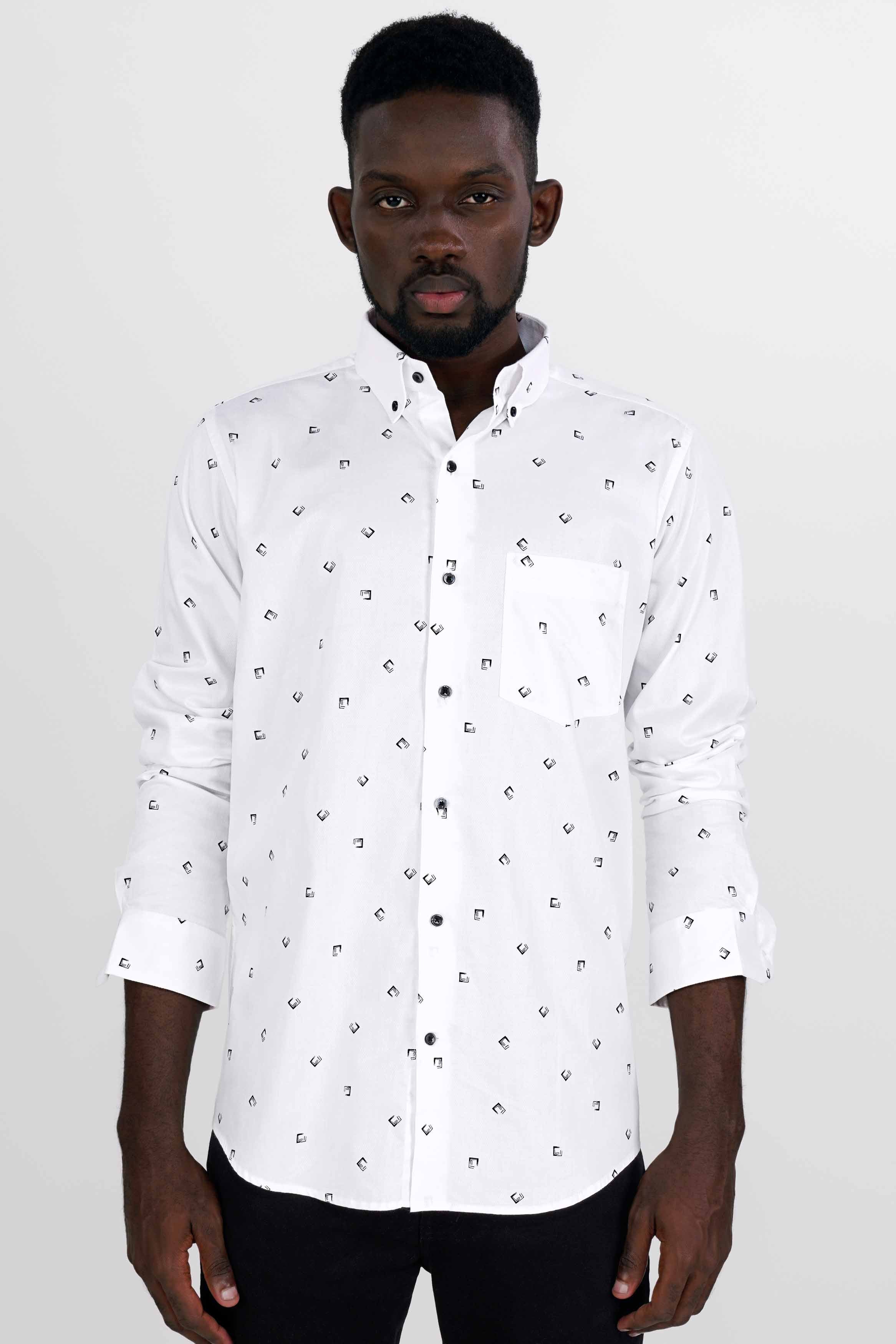 Bright White and Black Dobby Textured Premium Giza Cotton Shirt