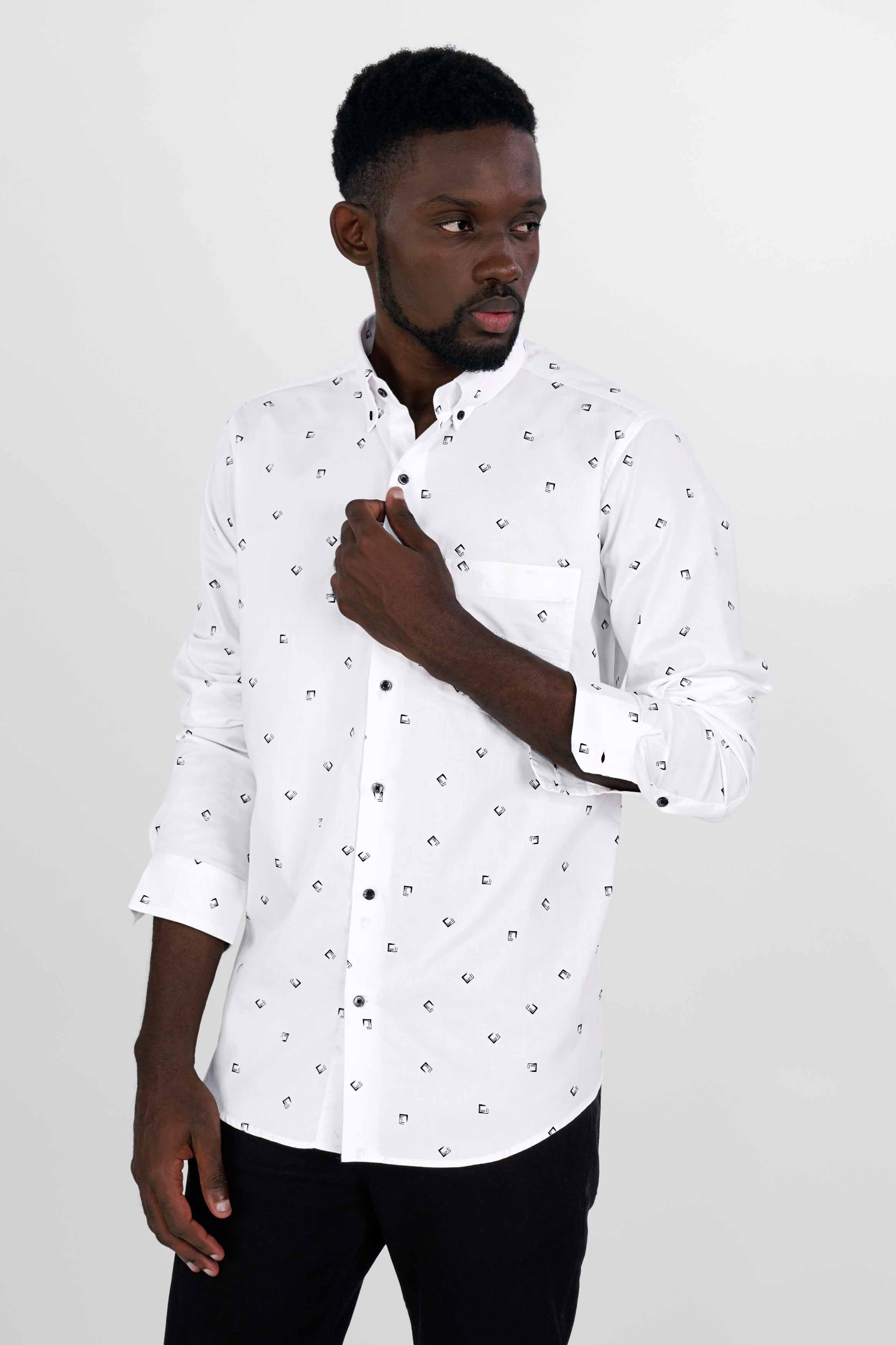 Bright White and Black Dobby Textured Premium Giza Cotton Shirt