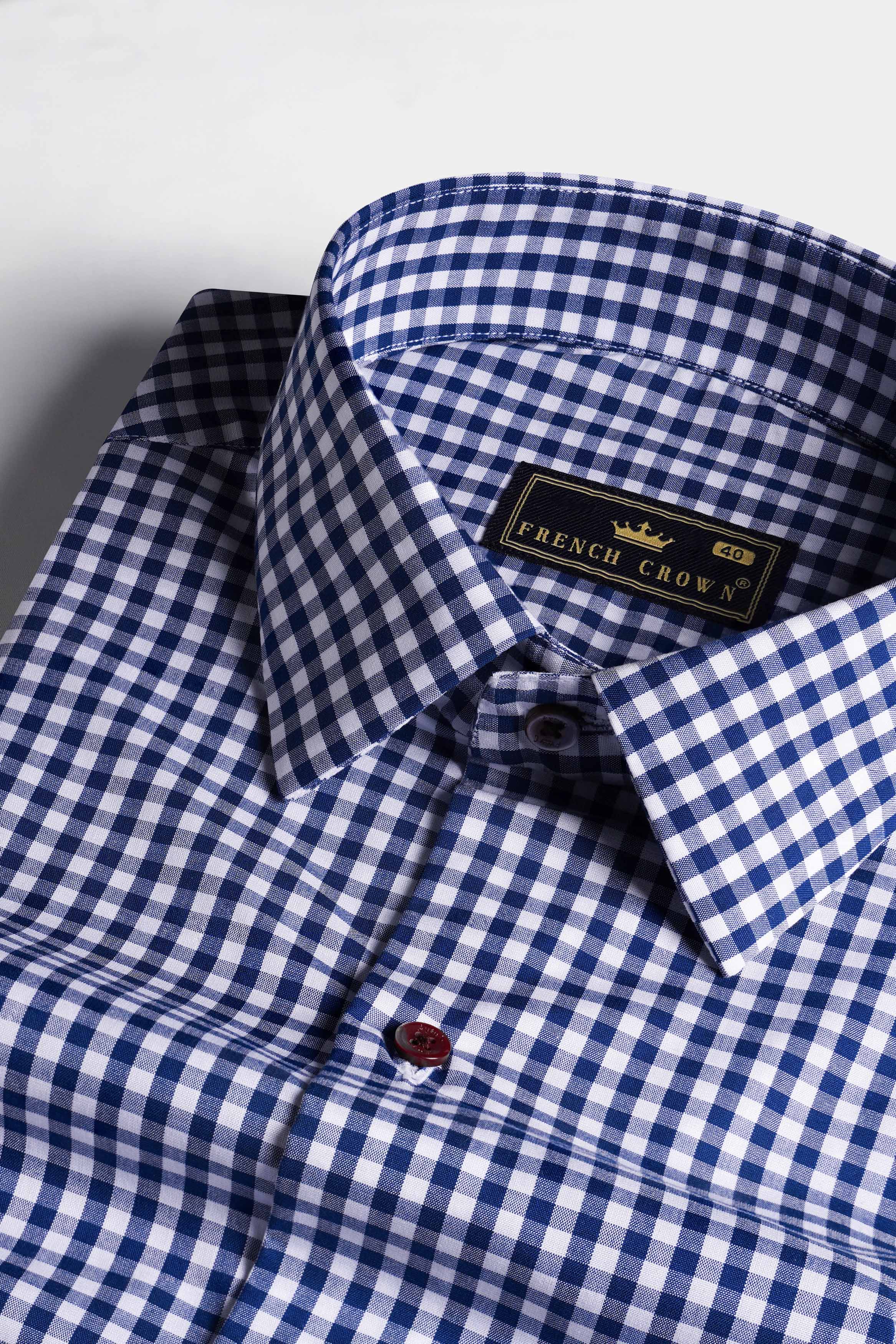 Bright White and Biscay Blue Gingham Checkered Premium Cotton Shirt