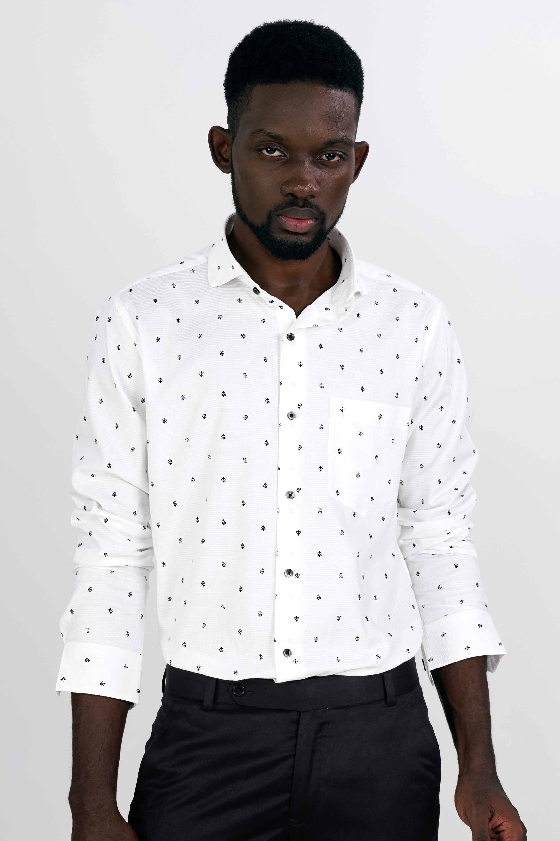 Bright White and Black Dobby Textured Premium Giza Cotton Shirt