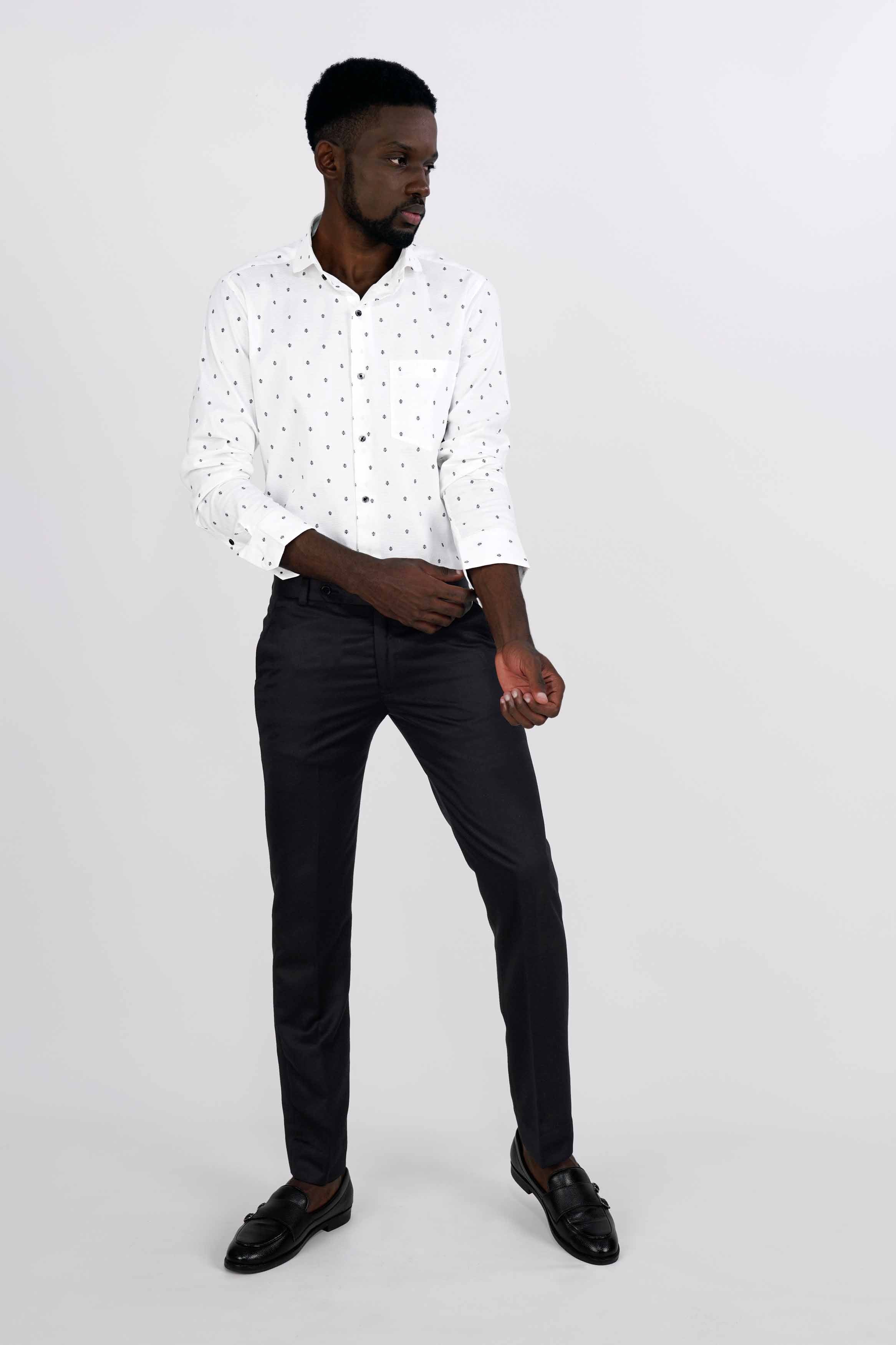 Bright White and Black Dobby Textured Premium Giza Cotton Shirt