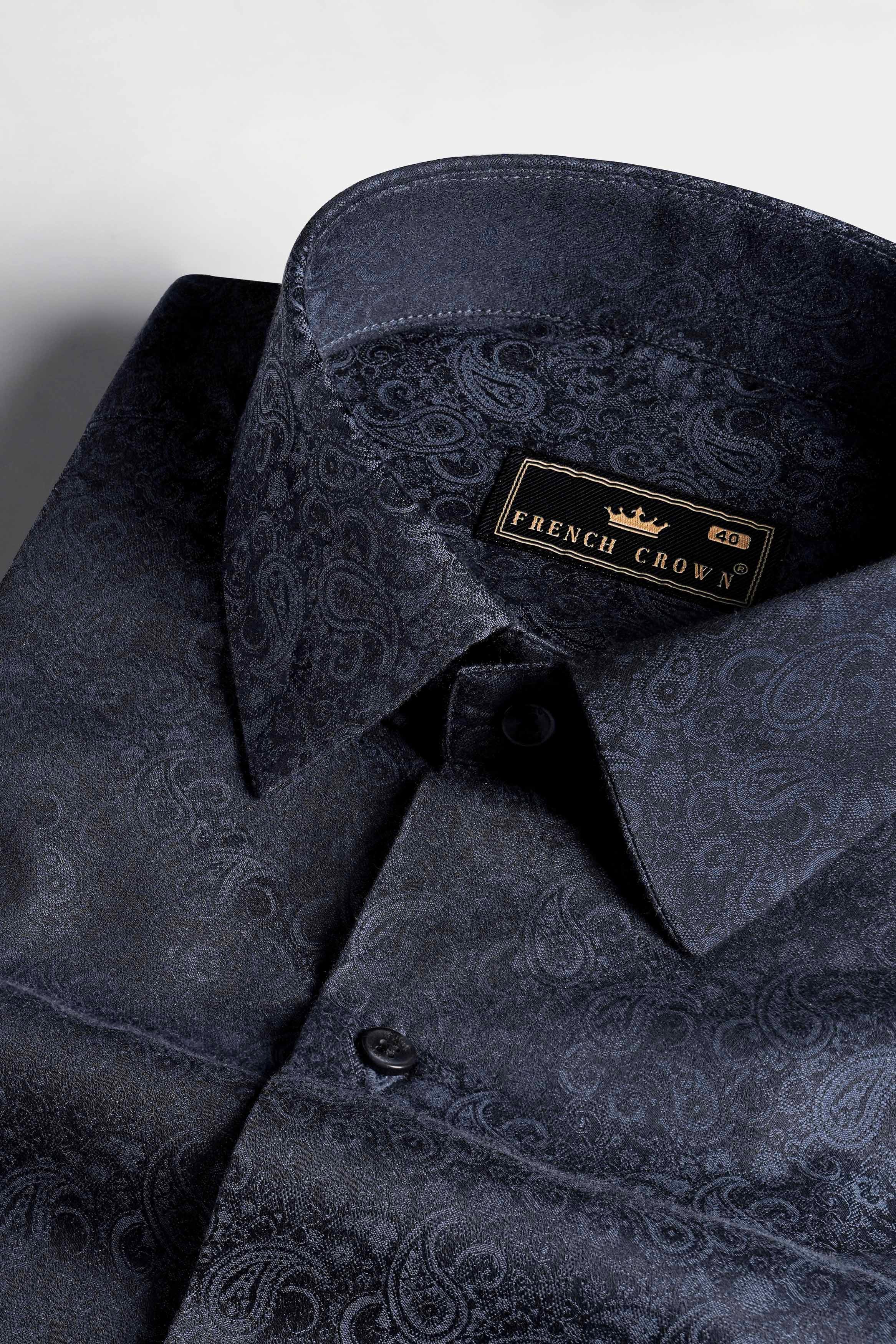 Outer Space Blue and Black Paisley Jacquard Textured Premium Giza Cotton Shirt